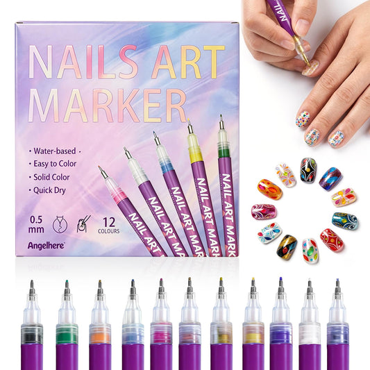Nail Art Pen Set, 12 Colors Fine Tip Nail Art Pens 0.5mm for Beginners, 2026 Upgrade Nail Marker, Portable Nail Art Tools for Home Salon, DIY Nail Design (12 pcs)