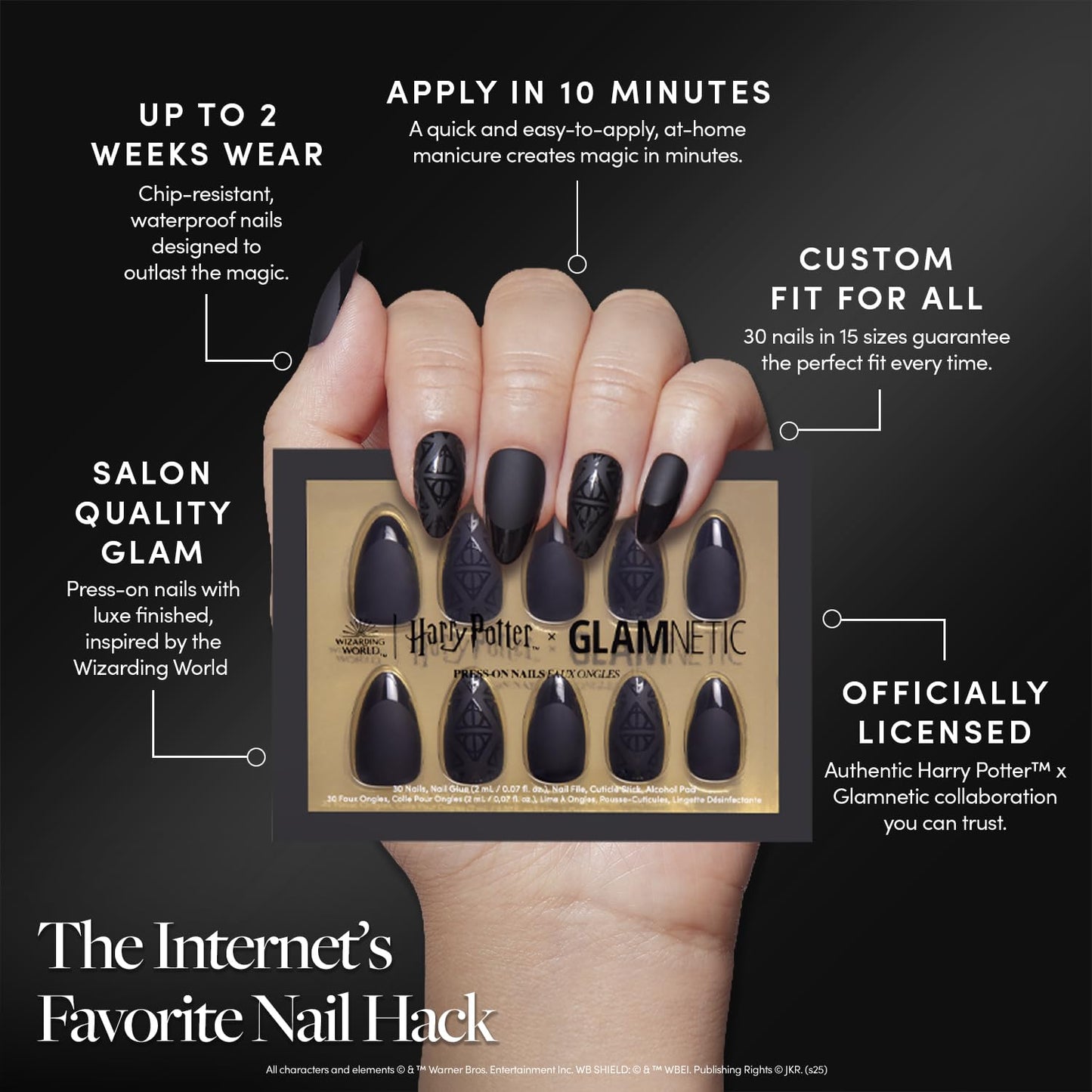 Harry Potter™ x Glamnetic Press On Nails - Deathly Hallows™ | Black Harry Potter™ Graphic Short Almond Fake Nails in a Matte & Glossy Finish | 15 Sizes - 30 Nail Kit with Glue