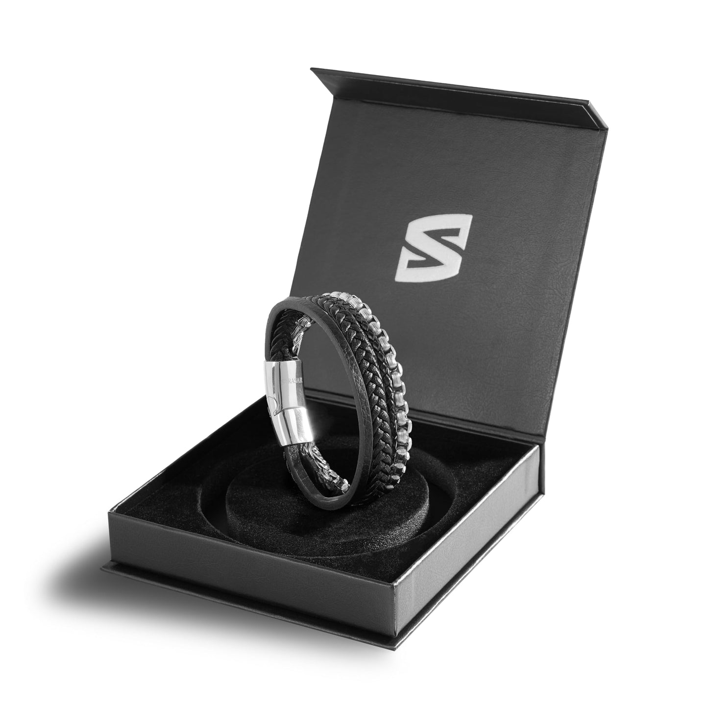 SERASAR Mens Leather Bracelet 17cm Silver Presents Men Gift Box Cowhide Braided Magnetic Clasp Multi Layer Wrap Rope Mans Male Bracelets Band Jewelry Magnet Accessories