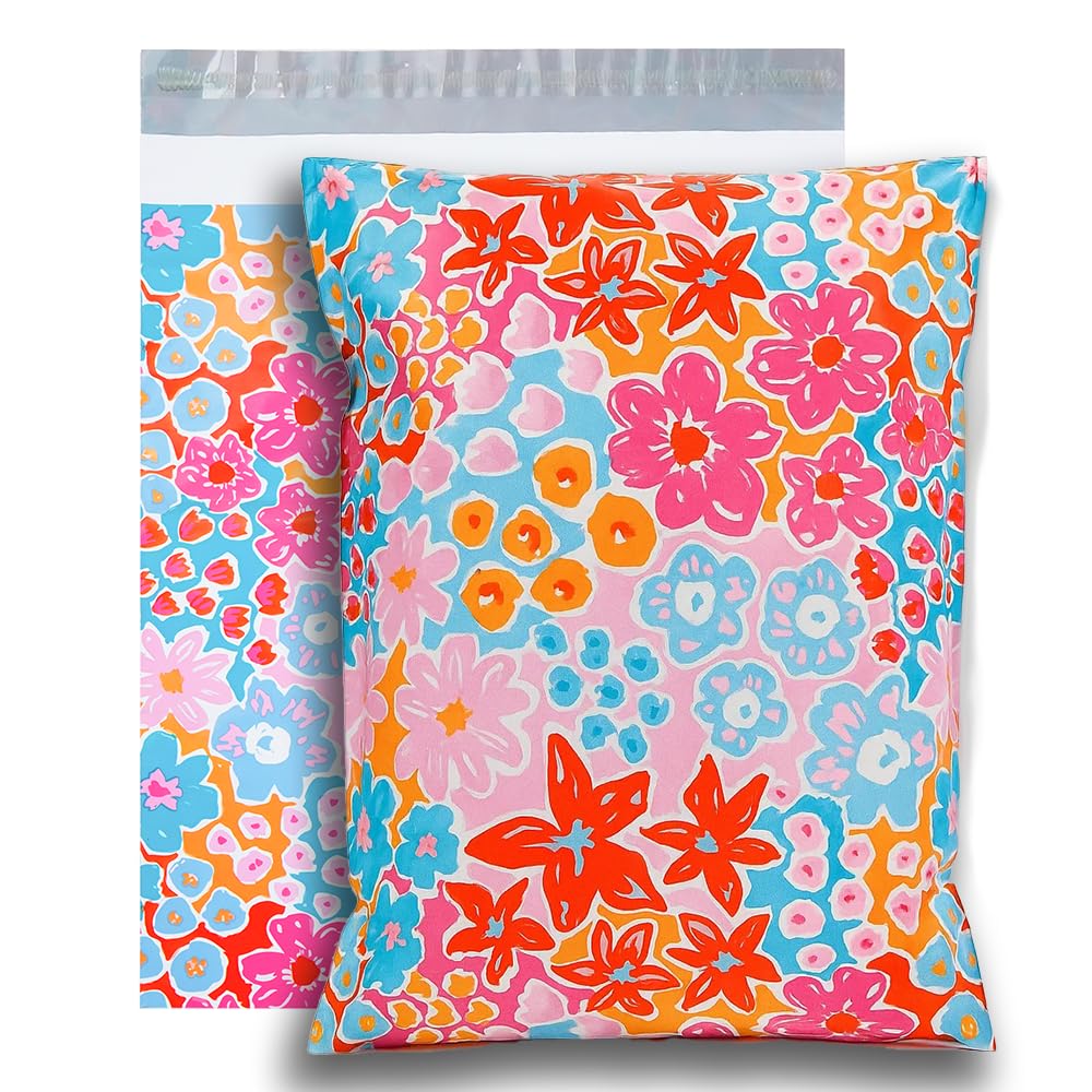 POLYSELLS 100pcs 10x13 Inches Poly Mailers Waterproof & Tear Resistant Mailing Envelopes, Cute Small Business Bags for Clothes, Gifts - Flowers