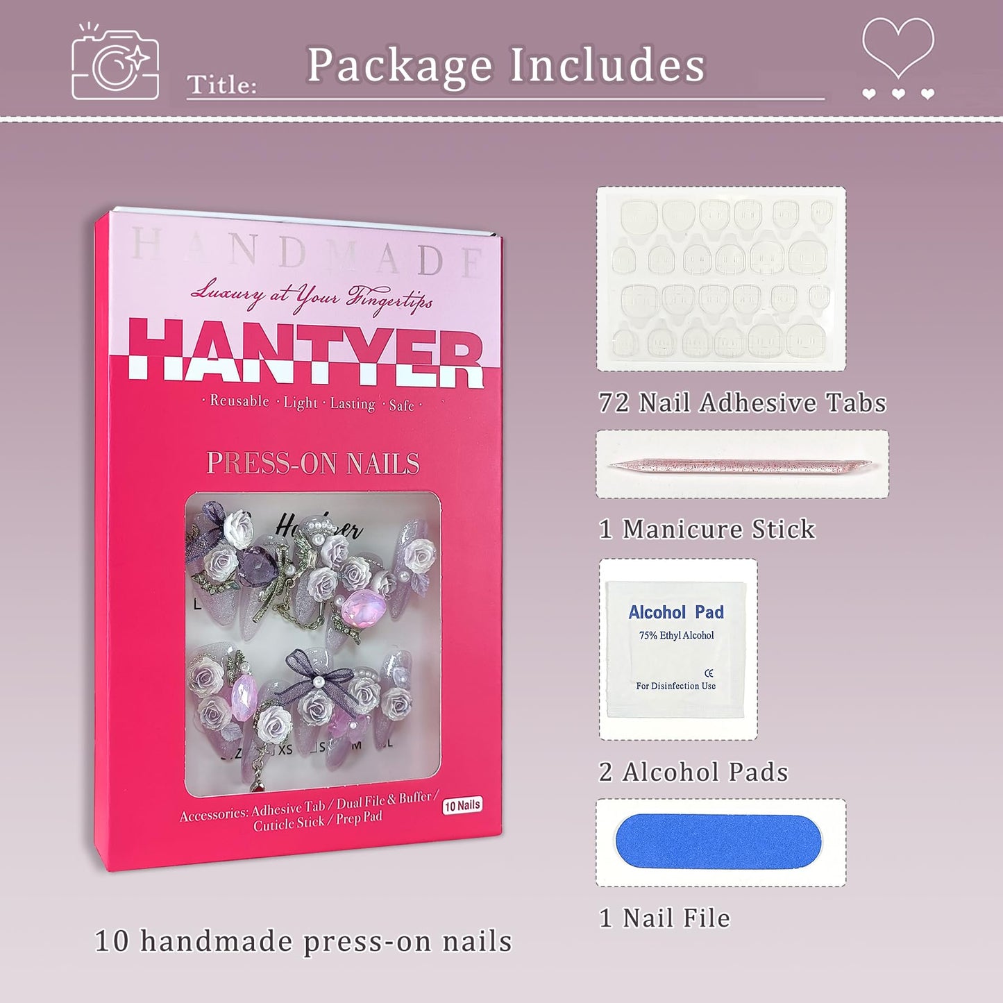 Hantyer Glamorous Press on Nails Long Almond Stiletto,Purple Cat Eye Gradient False Nails with 3D Roses, Camellias Butterflies Chains Rhinestones, Luxe Glitter Fake Nails for Women 10Pcs Tools Kit(S)