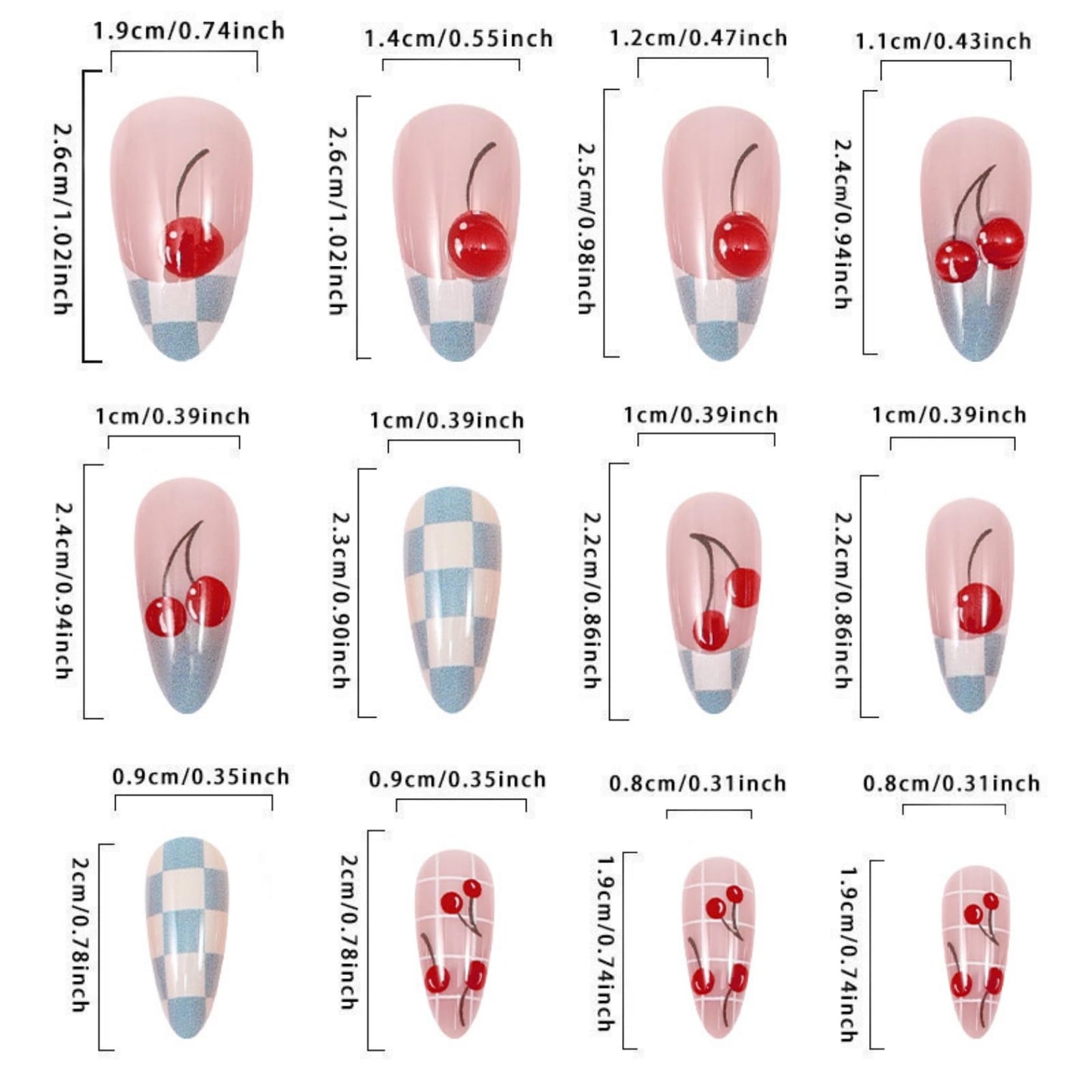 Medium Almond Press on Nails for Women,Cherry & Gingham Check Fake Nails Artificial Stick on Nails