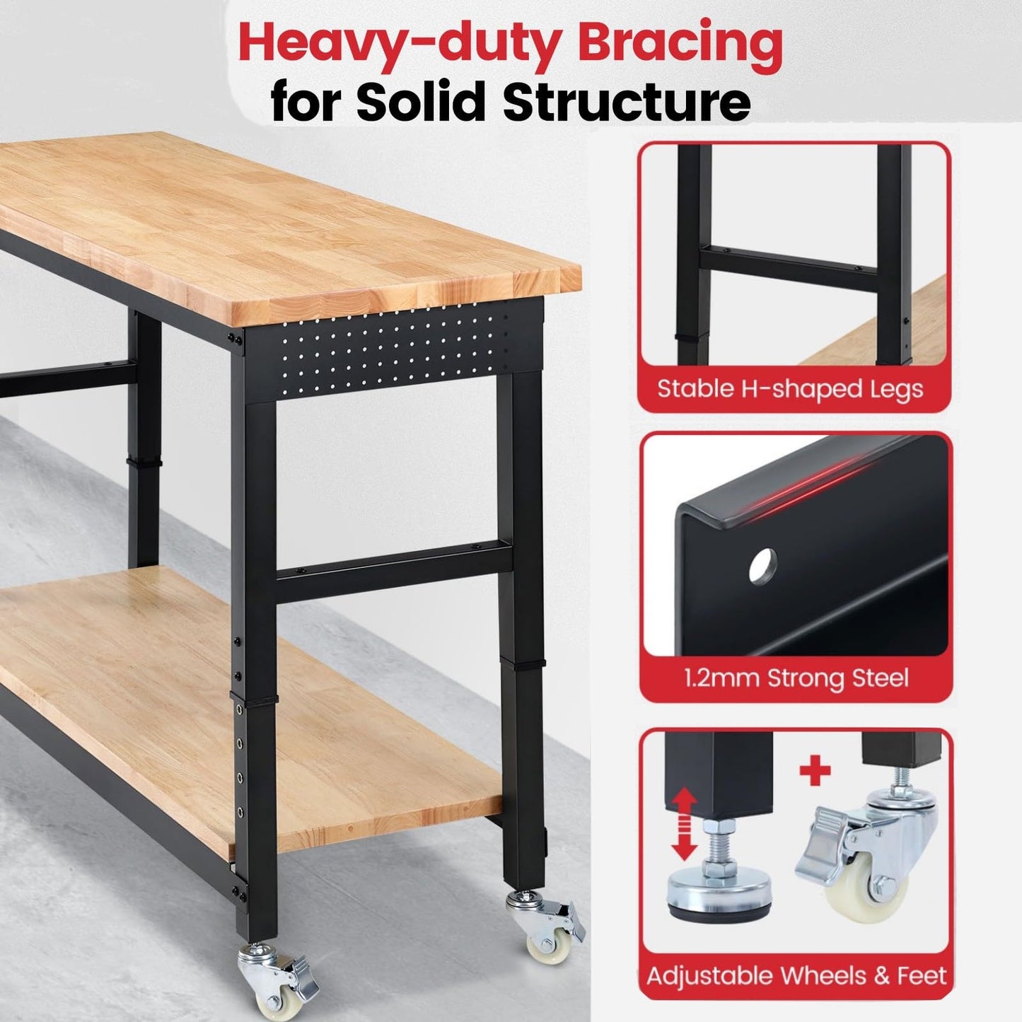 ENJOYWOOD Workbench for Garage with Wheels 60 x 22 Inch Heavy Duty Rubberwood Tabletop Work Table with Under Table Shelf, Pegboard, Power Outlets for Woodworking Shop Home Office