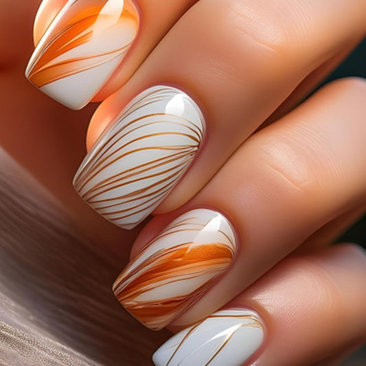 Square Press on Nails Short Fake Nails with Lines Designs White Nails Press ons Fall Acrylic Nails for Women 24Pcs