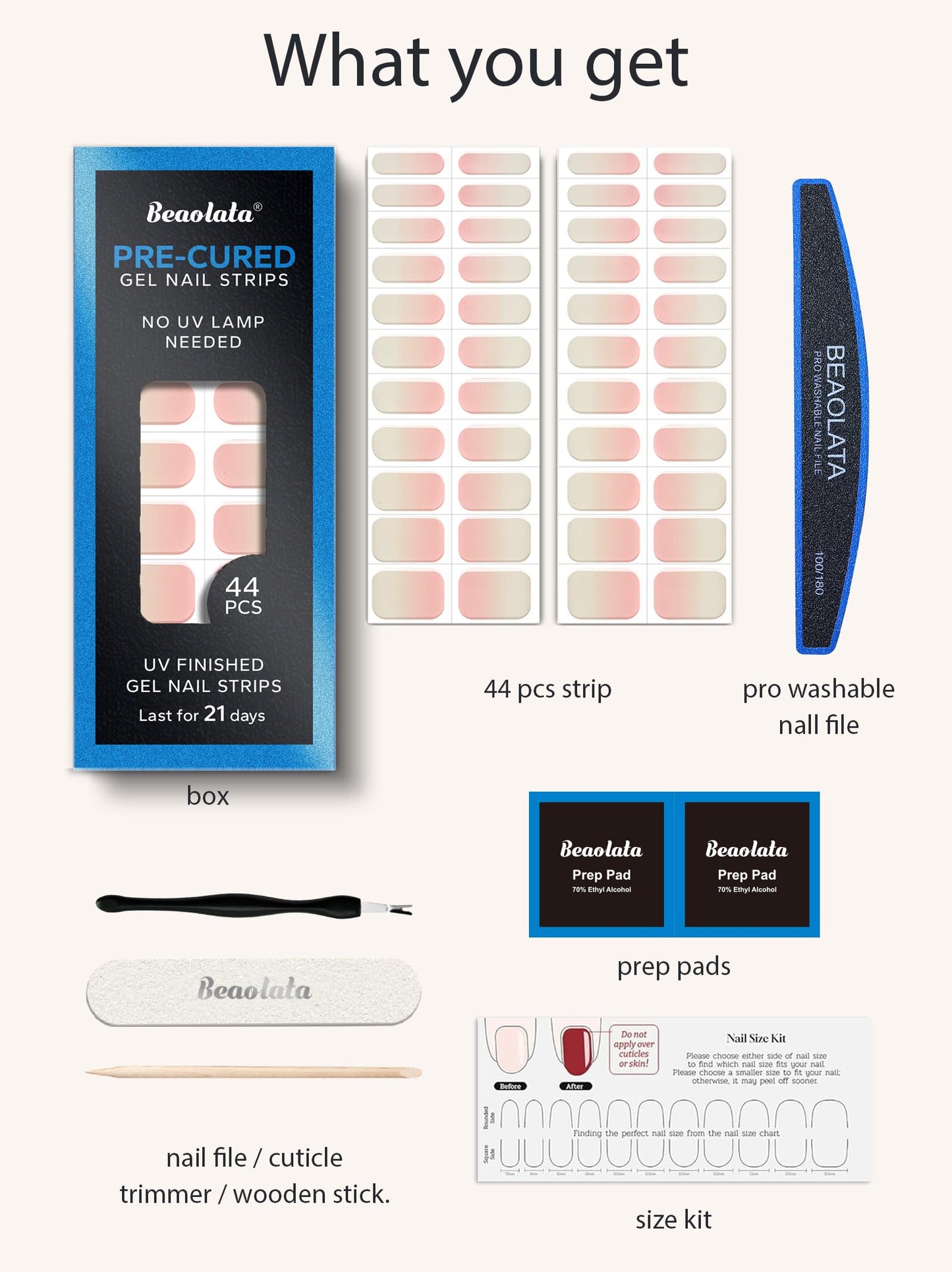 Beaolata Real Gel Nail Strips (No UV Light Needed) - 44Pcs Salon Quality Nail Stickers - Long Lasting Polish Wraps for Women, Easy Apply & Remove (Berry Meringue Pink)
