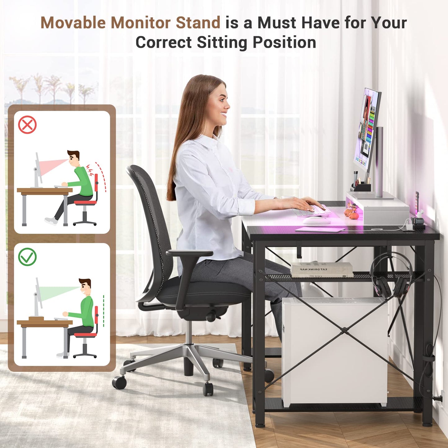 Armocity Computer Desk with LED Lights, 55 Inch Desk with Power Outlet and USB, Reversible Large Desk with Moveable Monitor Stand, 55.2'' Gaming PC Table for Home Office, Workstation, White and Black