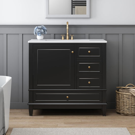Bathroom Vanity with Ceramic Sink 36 Inch, Cabinet with One Door and Three Drawers, Soft-Closing Door, Solid Wood Legs, Black