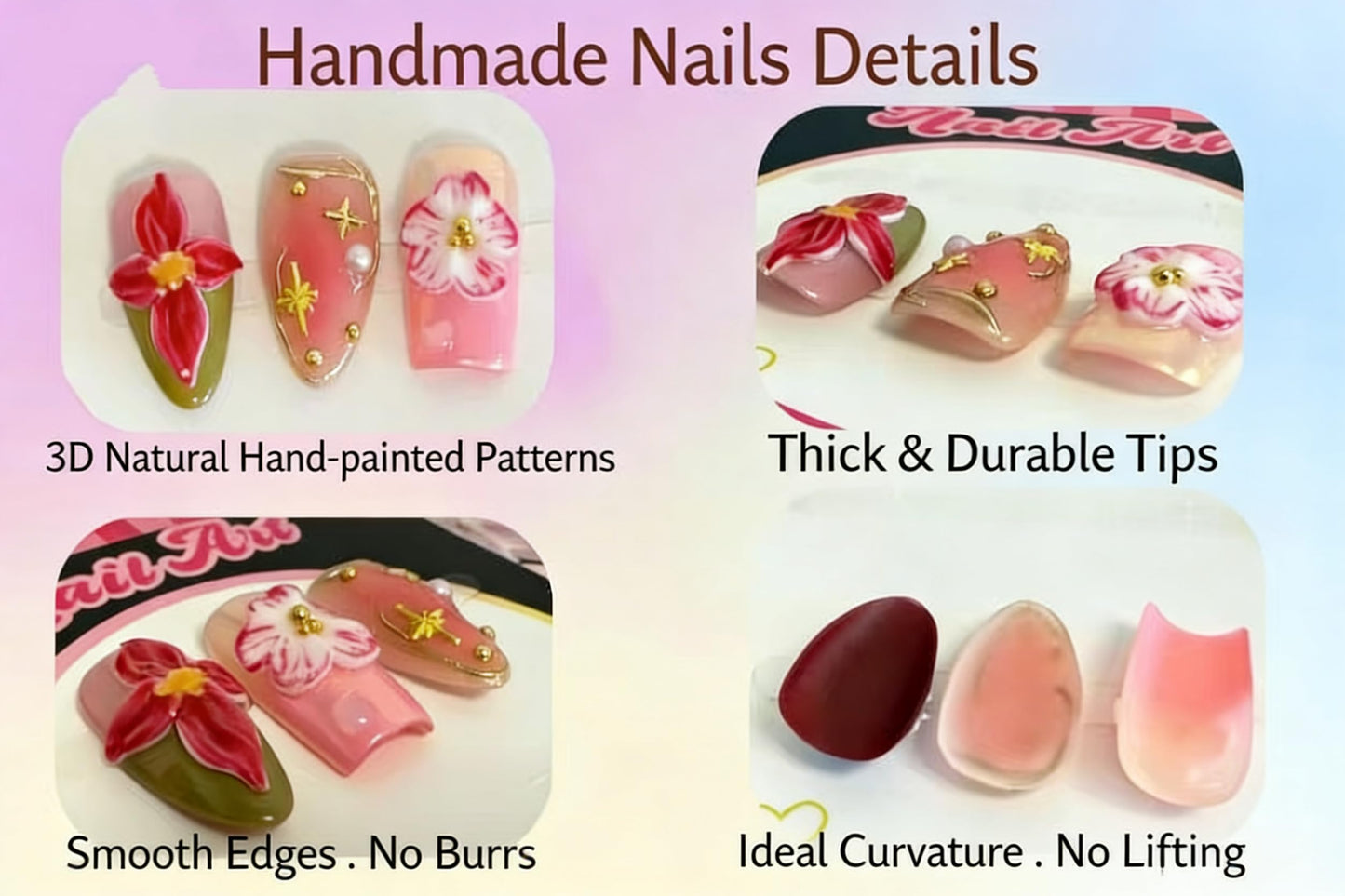 Haozerart Handmade Press On Nails, Medium Almond Luxury Burgundy Fake Nails, 3D Flower Glossy French Tip Reusable False Nails Kit for Women, (M Size, 10Pcs)