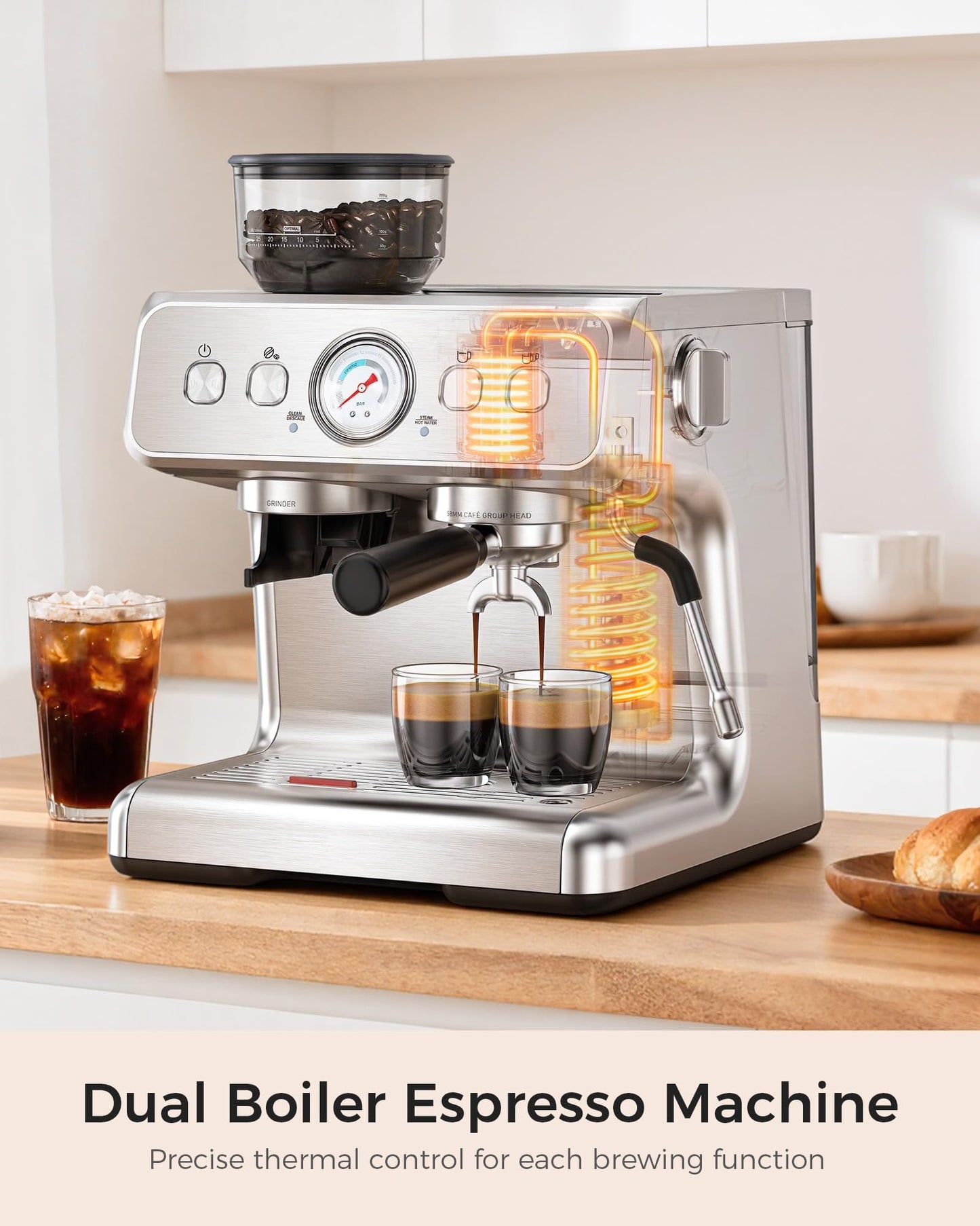 COWSAR Espresso Machine with Grinder, Commercial Expresso Coffee Machines with Dual Boiler, Use Milk Frother and Brew Coffee Machine Simultaneously, Coffee Maker Cappuccino Latte, 95oz Water Tank