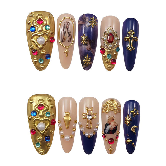 WZHAOJUN Handmade Press On Nails, Virgin Mary Cross Fake Nails With 3d Gold Metal Heart Charms, Colorful Rhinestones Pearls, Vintage Gothic Acrylic False Nails For Women Nail Art Decor
