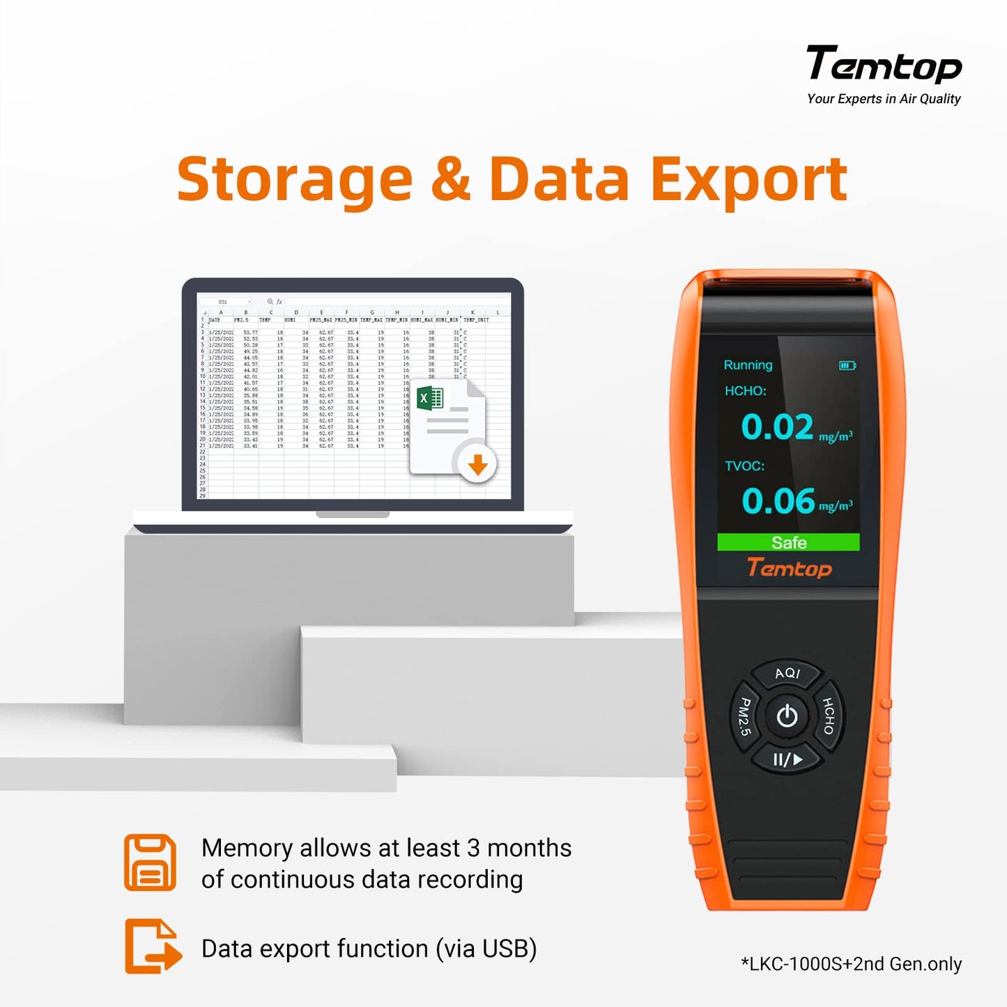 Temtop Air Quality Monitor PM2.5 PM10 Particle Counter, Formaldehyde, Temperature, Humidity, TVOC AQI Tester for Indoor/Outdoor Air Pollution Detection w/Data Export