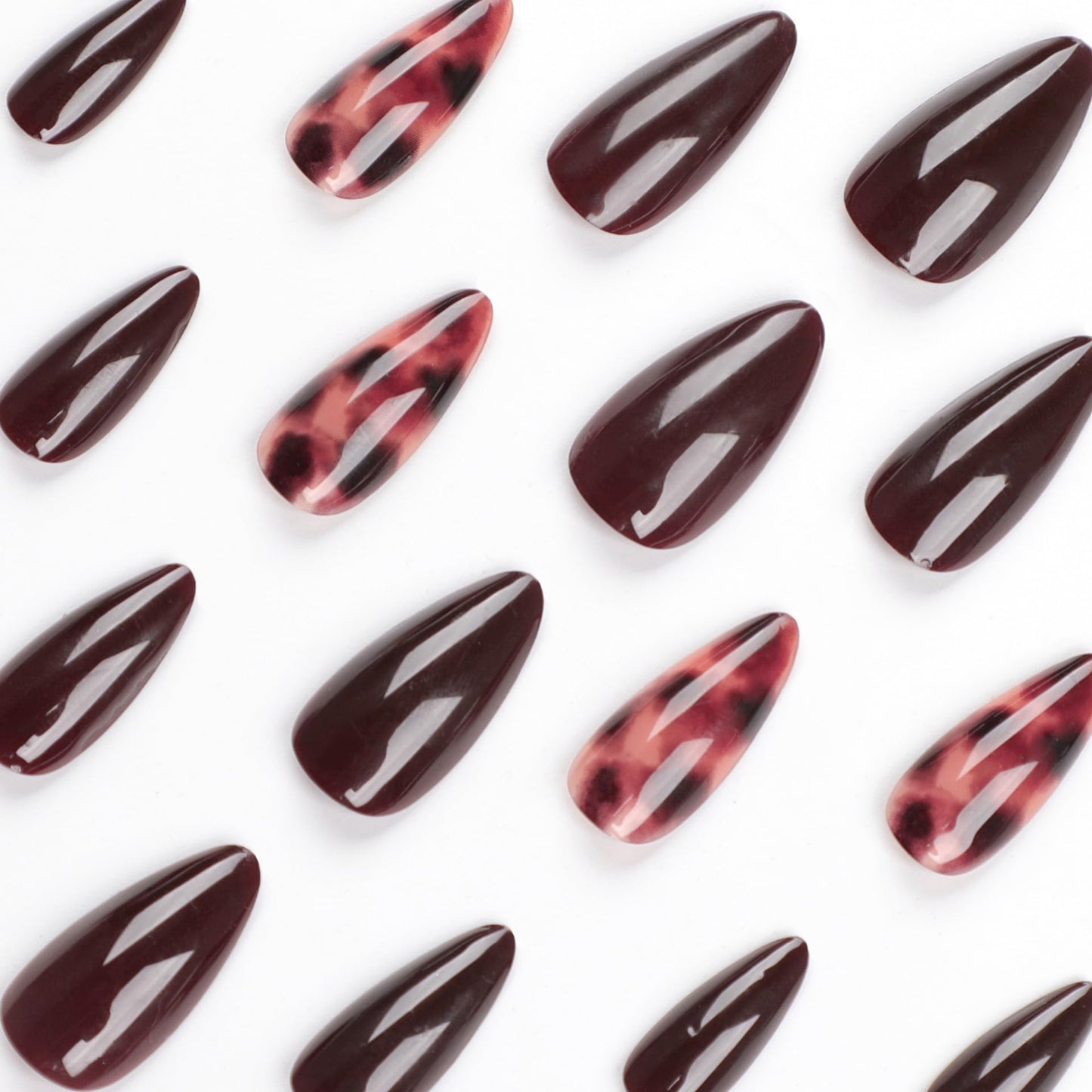 Faux Nails, Tortoiseshell Acrylic Press-On Nails, Set of 24, dark brown, leopard, for individuality, Almond shape