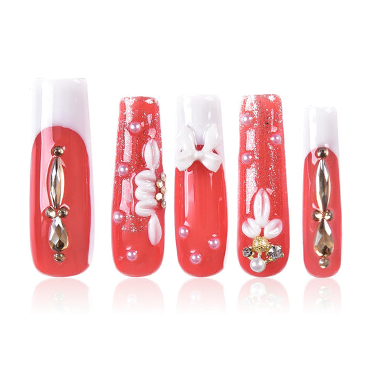Tmani 10pc/set Extra Long Handmade Press On Nail Hot Girl's Long Ballet Square Nail Full of Diamond Glitter Decoration Fake Nails Suitable For Girls Festival Parties and Birthday Gift（148,Size-S)