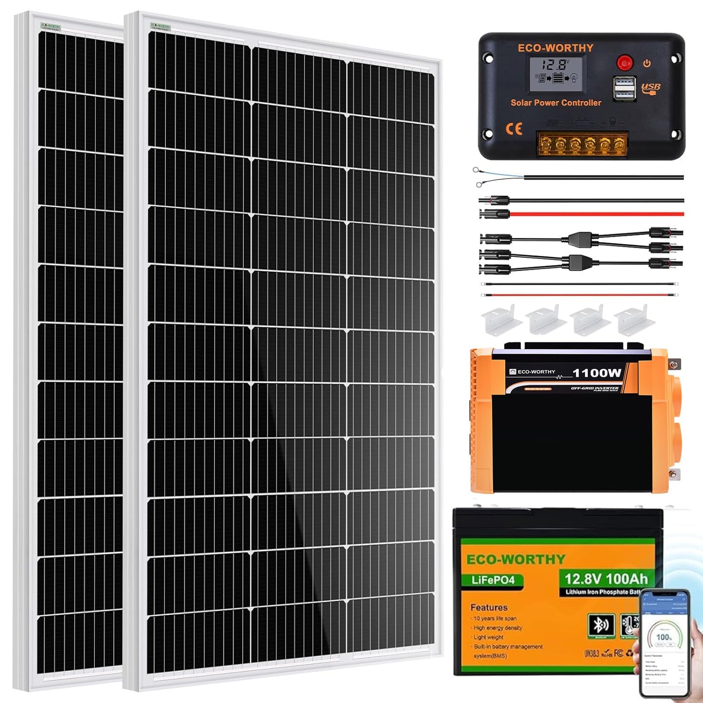 ECO-WORTHY 200 Watt 12V Complete Solar Panel Starter Kit for RV Off Grid with Battery and Inverter: 2pcs 100W Solar Panel + 30A Charge Controller + 100Ah Lithium Battery + 1100W Premium Solar Inverter