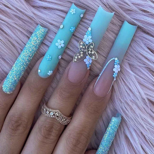 DANMANR Gradient Press on Nails Matte Fake Acrylic Long Blue Nails Square French Full Cover Butterfly Fake Nails for Women and Girls 24PCS