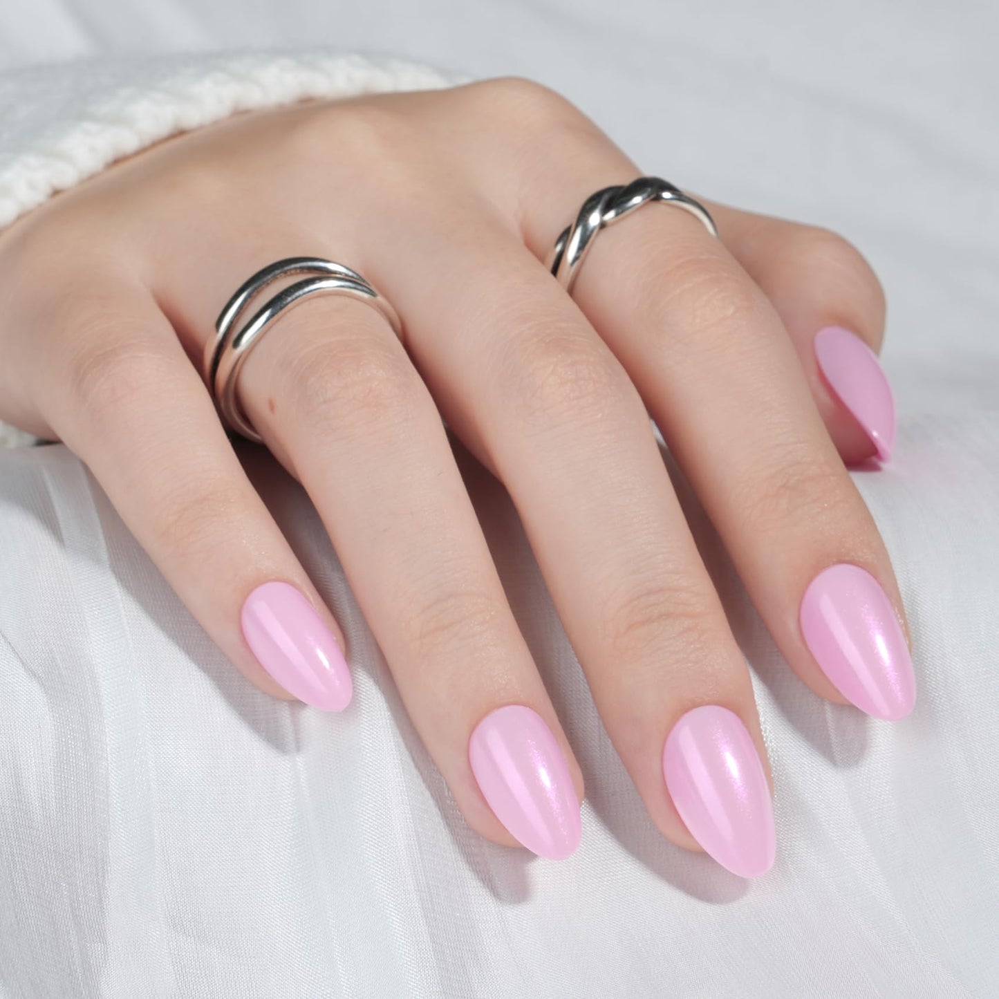 Pink Press On Nails Almond - Short Fake Nails with Nail Glue, Pink Chrome Press On Nails Reusable Stick On Nails in 16 Sizes - 32 Nail Kit for Women & Girls | Salon Quality
