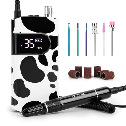 Lavinda 35000RPM Electric Nail Drill, Cordless Nail Drill Machine Portable Rechargeable Nail Efile for Acrylic Gel Nails, Manicure Pedicure Polishing Shaping Tool for Salon Home Use-Cow Print