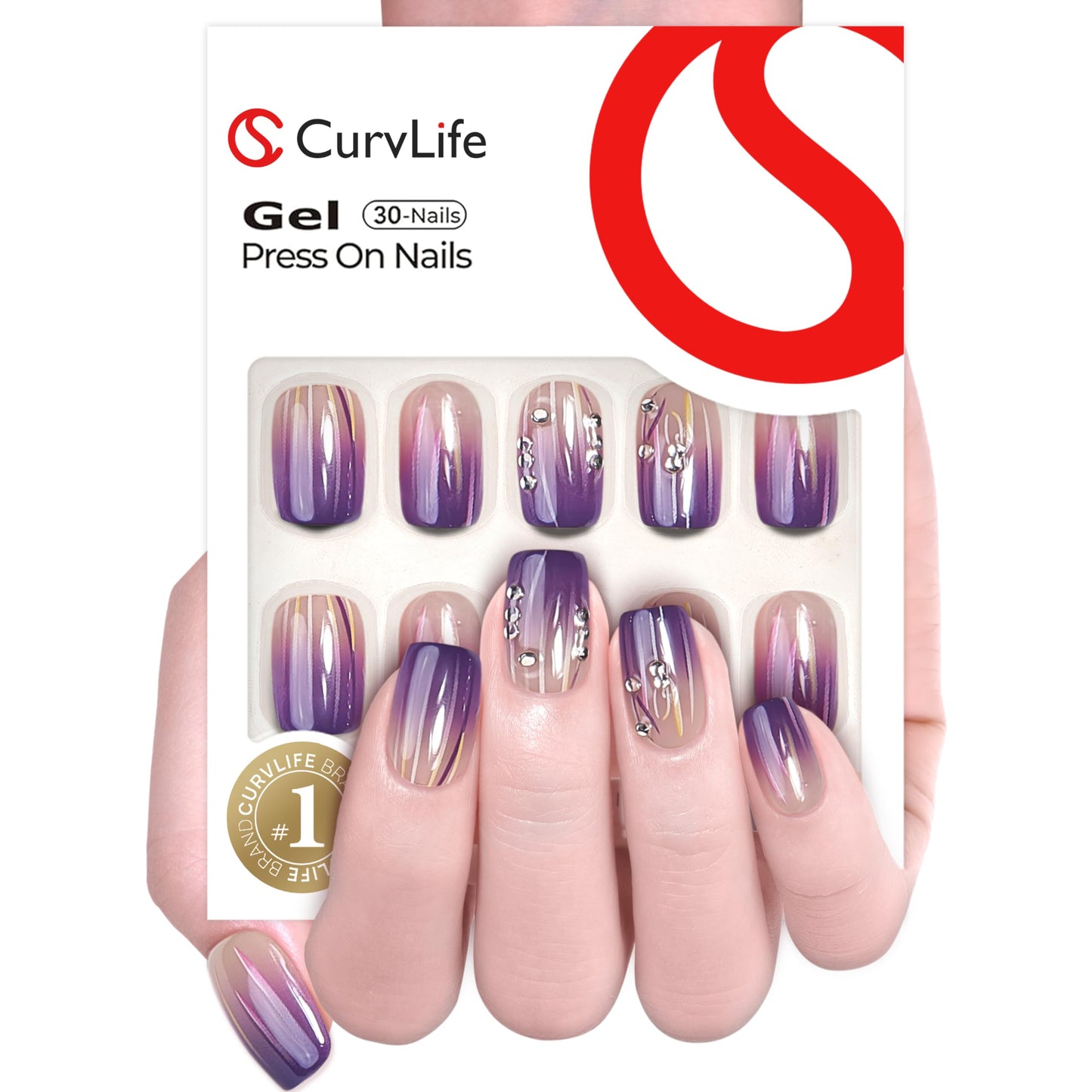 CurvLife Press On Nails Kit - Full Cover False Nail Tips with Trendy Designs, Reusable & Glue Included - Easy Application Nail Accessories for Women (gradient purple lines, Medium)