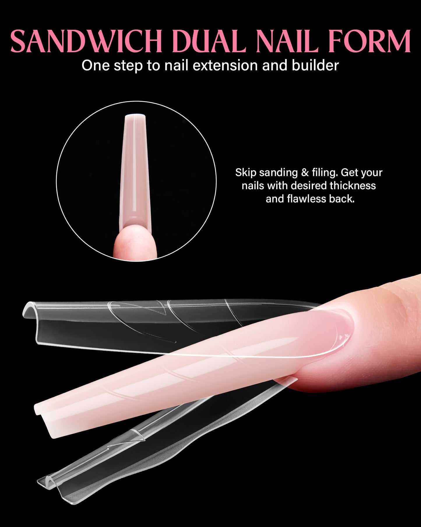 Naughtology Sandwich Nail Dual Form Kit - 360 PCS Coffin & Almond Dual Forms for Nail Extensions, 15 Sizes, Reusable Plastic Forms for Polygel, Acrylic, Builder Gel - Perfect for DIY & Salon Use