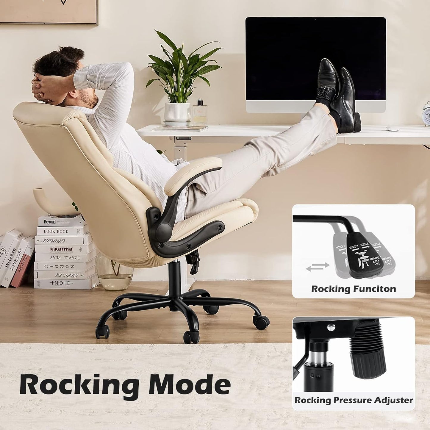 DUMOS Office Chair Set of 2 - Ergonomic Executive Computer Desk Chairs with Adjustable Flip-up Armrest, Swivel Task Chair with Lumbar Support, Strong Metal Base, PU Leather, Cream White