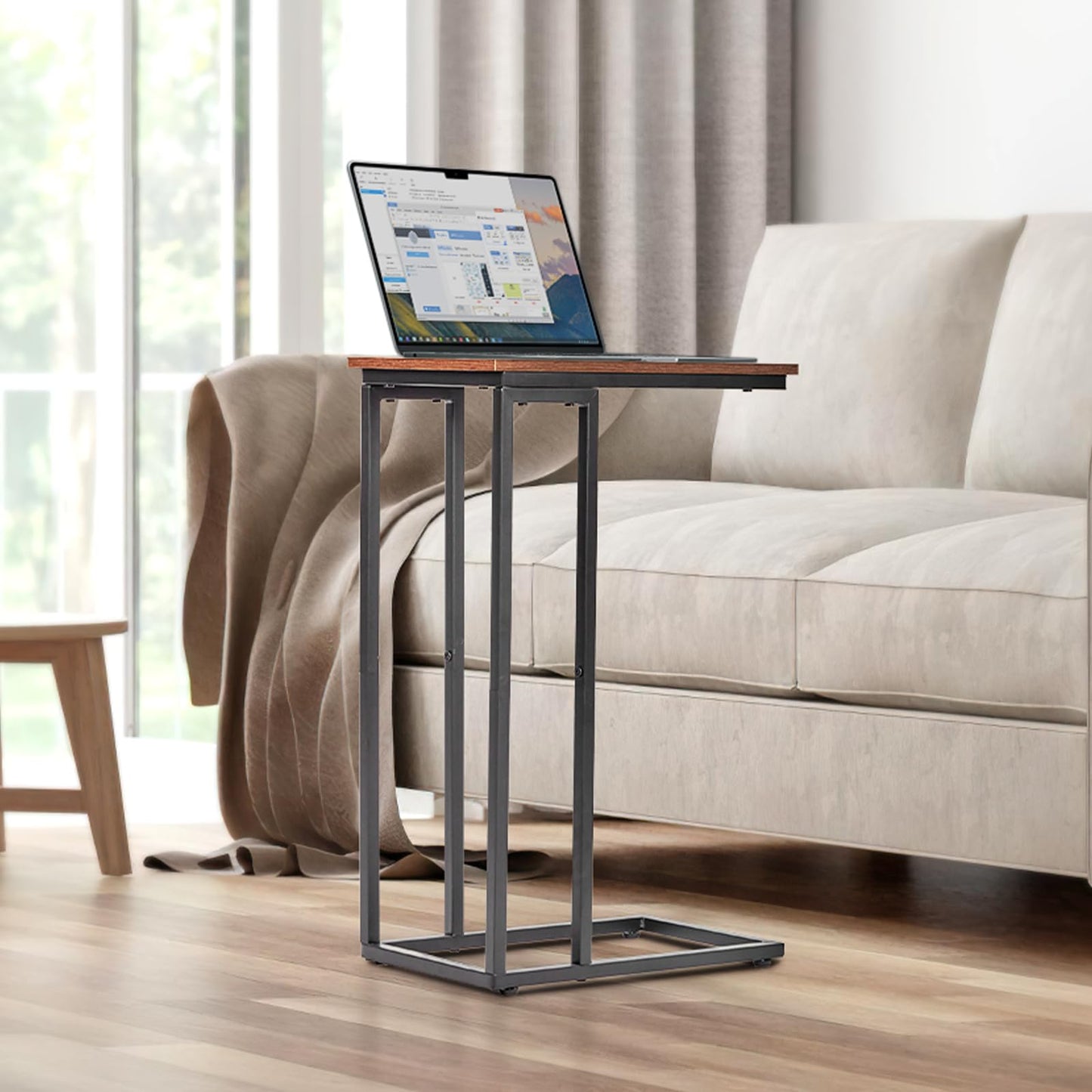 fusehome C-Shaped End Table, for Living Room, Bedroom, Small Spaces, TV Tray Couch Side Tables Laptop Table, Rustic Brown and Black