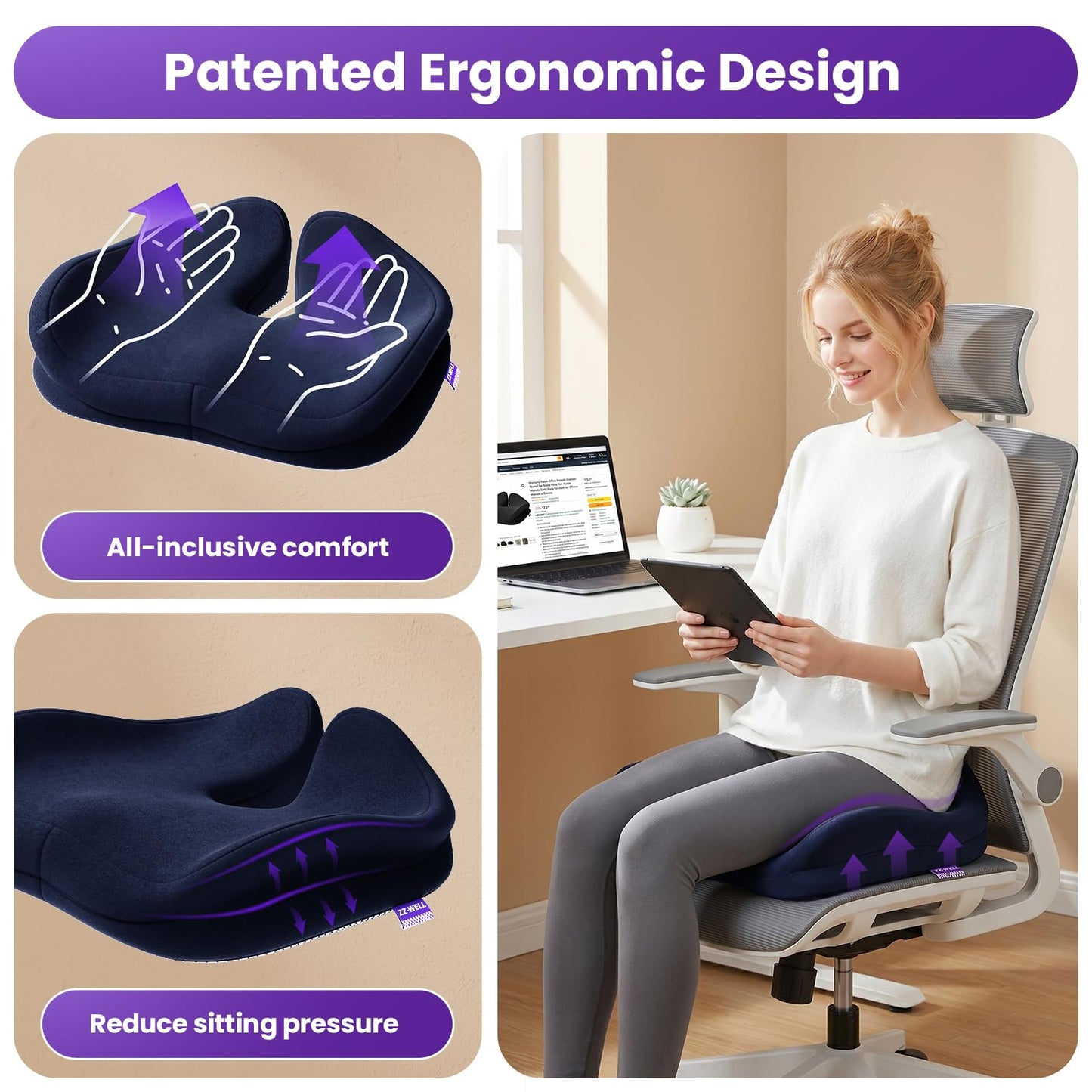 ZZ-WELL Seat Cushions for Office Chairs - Ergonomic Tailbone Pain Pressure Relief Seat Cushion - Extra Large & Thick Design Memory Foam Office Chair Cushion, 21.2" W X 16.5" L (Blue)