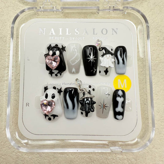 Halloween Press on Nails Bone Designs Love Heart and Little Ghost Acrylic Nail Handmade Press on Nails Medium Coffin Fake Nail Full Cover Black White False Nails for Women Manicure (Size M)