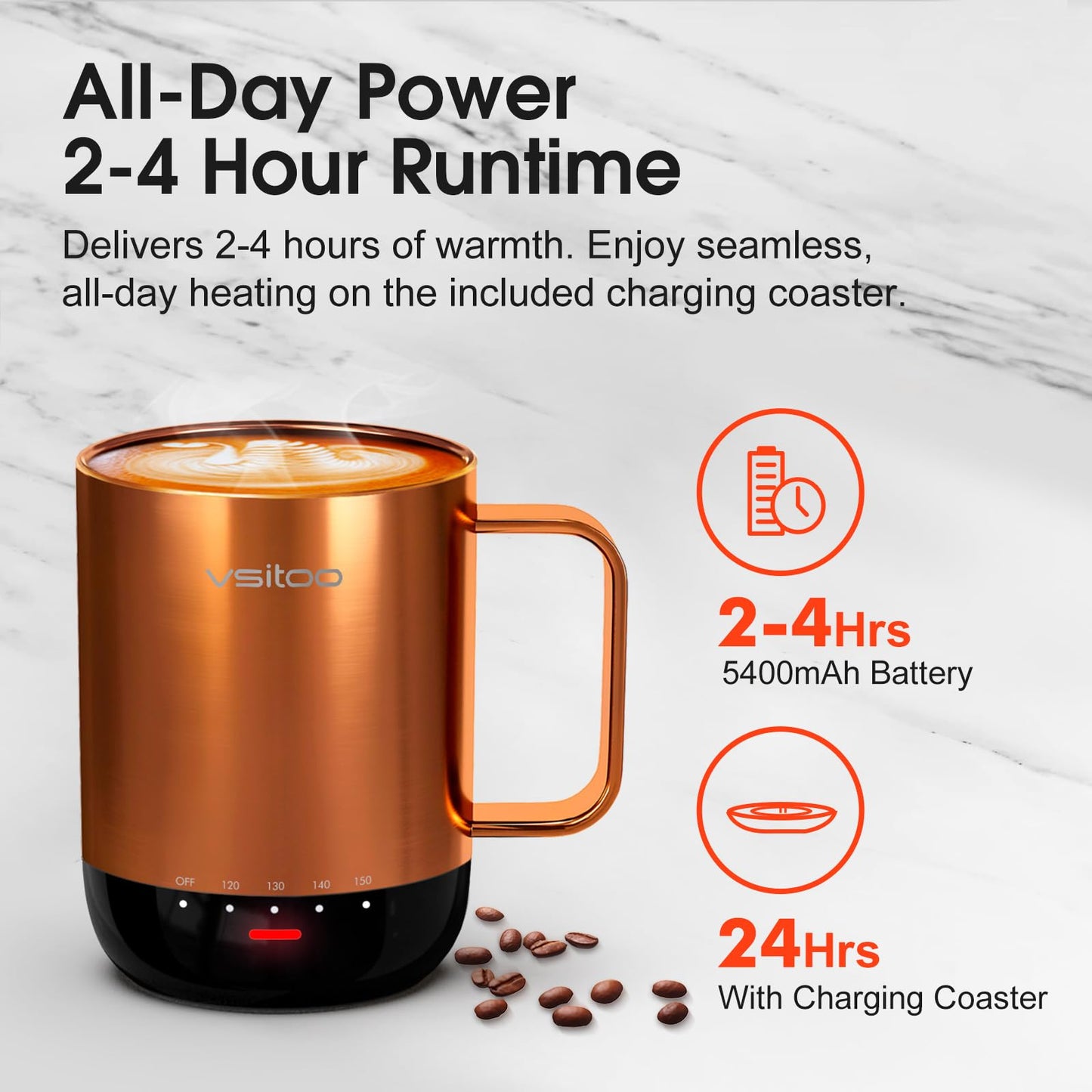 Vsitoo S3 Pro 14oz Smart Self Heating Coffee Mug,Heated Coffee Mug with Auto-Sensing AI Heats Drinks to 120-150°F Hands-Free.Perfect for Home/Office,Ideal Gift fo Men/Women，Copper