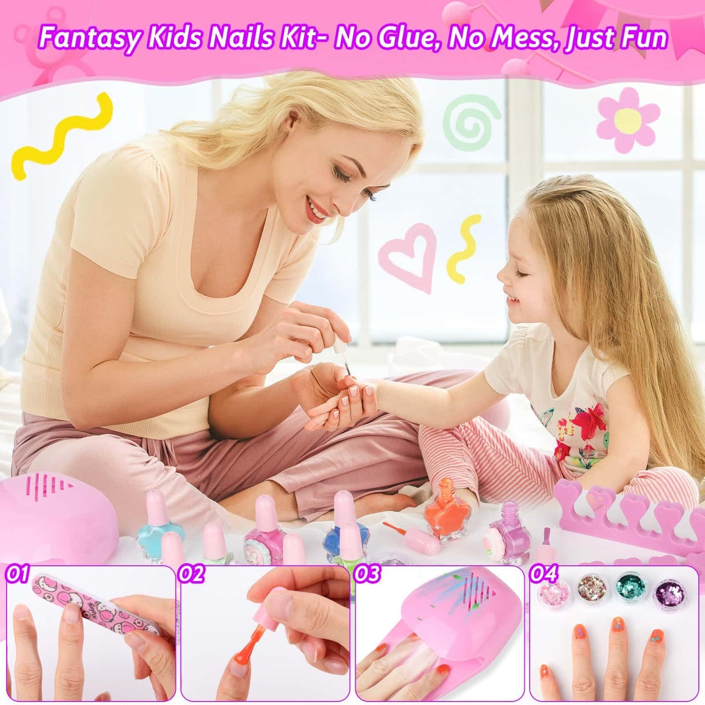 Kids Nails and Nail Polish for Girls, 144 Mini Press On for Kids, 12 Non-Toxic Nail Polish, Dryer, Gems Stickers, Cute Nail Stuff Gift for Girls Age 8-12
