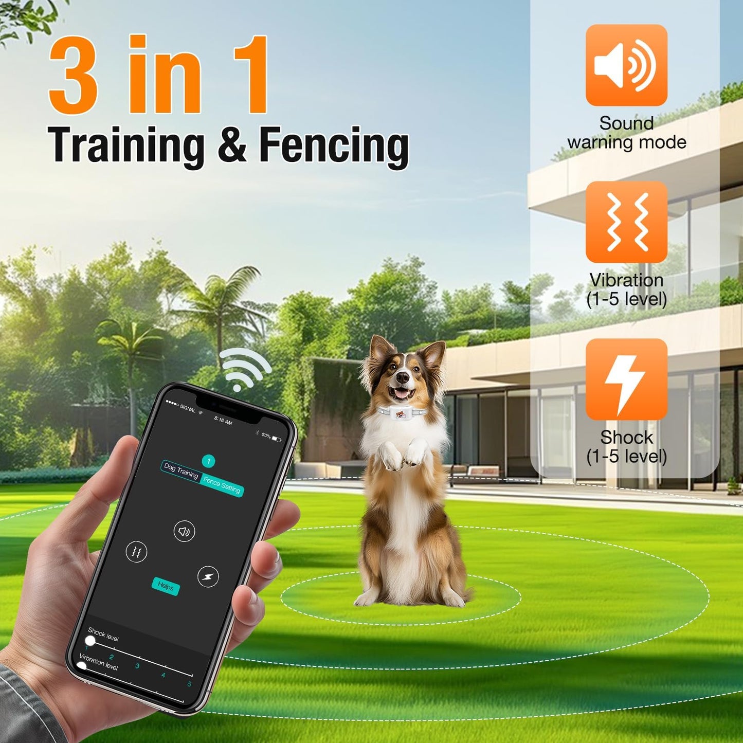 UJQW GPS + Wireless Dog Fence & Training Collar – No Subscription, App Geo-Fence 3280ft, 60-164ft Bluetooth Training, 3 Correction Modes, Auto Sleep/Wake, 7-Day Battery, 3-Dog Support (White)