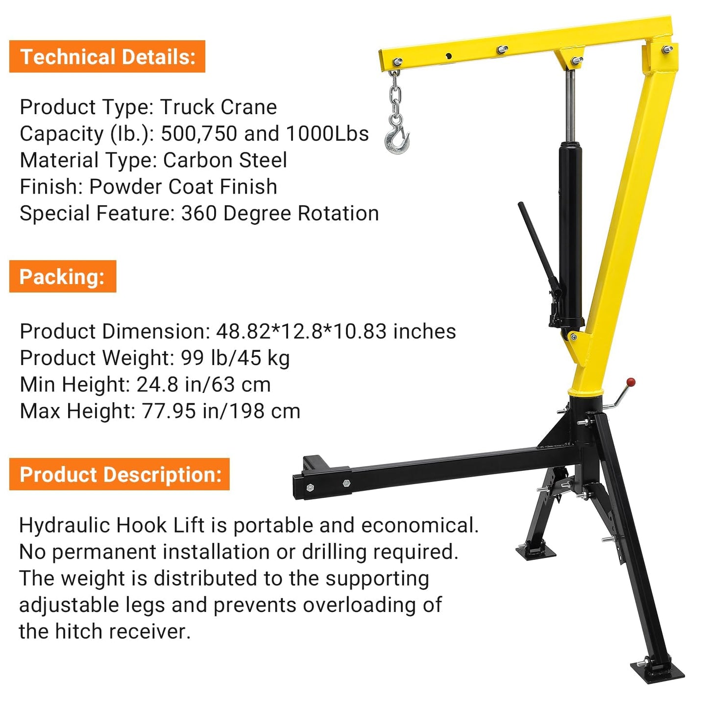 PioneerWorks 1000 LBS Pickup Truck Crane, Heavy-Duty Hydraulic Truck-Mounted Crane with 360° Swivel & 3 Adjustable Booms for Construction, Industry & Forestry