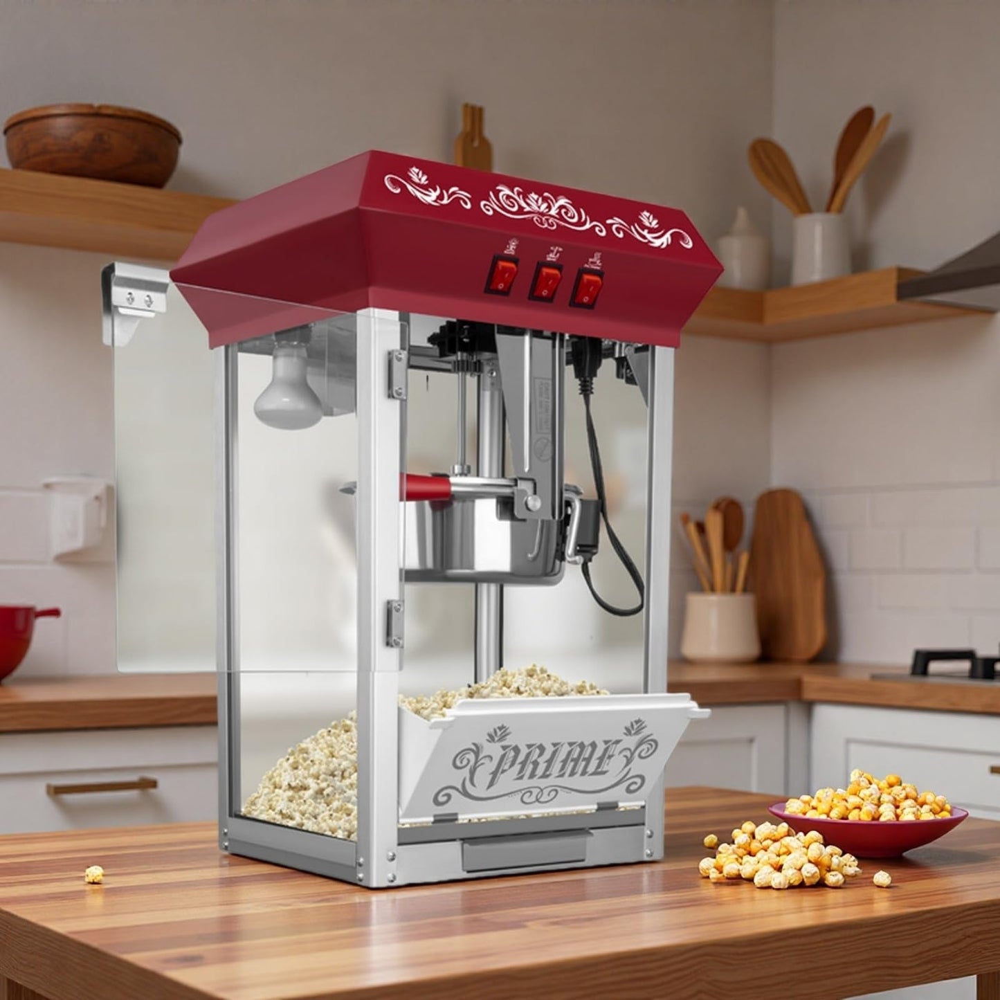 Trygoal Commercial Popcorn Machine, 12 Oz Kettle, 800W Countertop Popcorn Maker with Tempered Glass & Warming Deck, Tabletop Pop Corn Popper for Home Theaters, Birthday Parties, School Events, Red