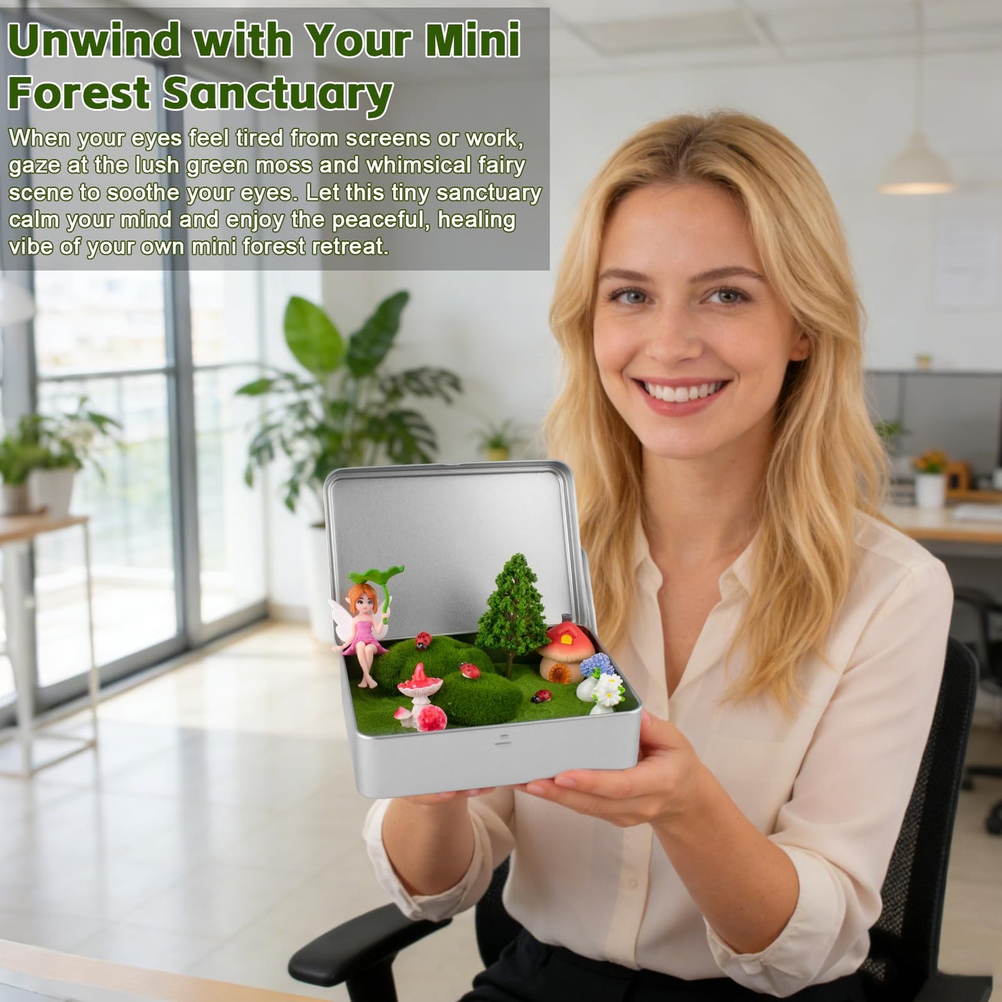 Zen Garden Kit for Desk Decor, Mini Zen Sand Garden with Tina & 1 Rake, Green Sand & 11 Accessories, Japanese Gifts for Meditation Room Office Home (Fairy Style)