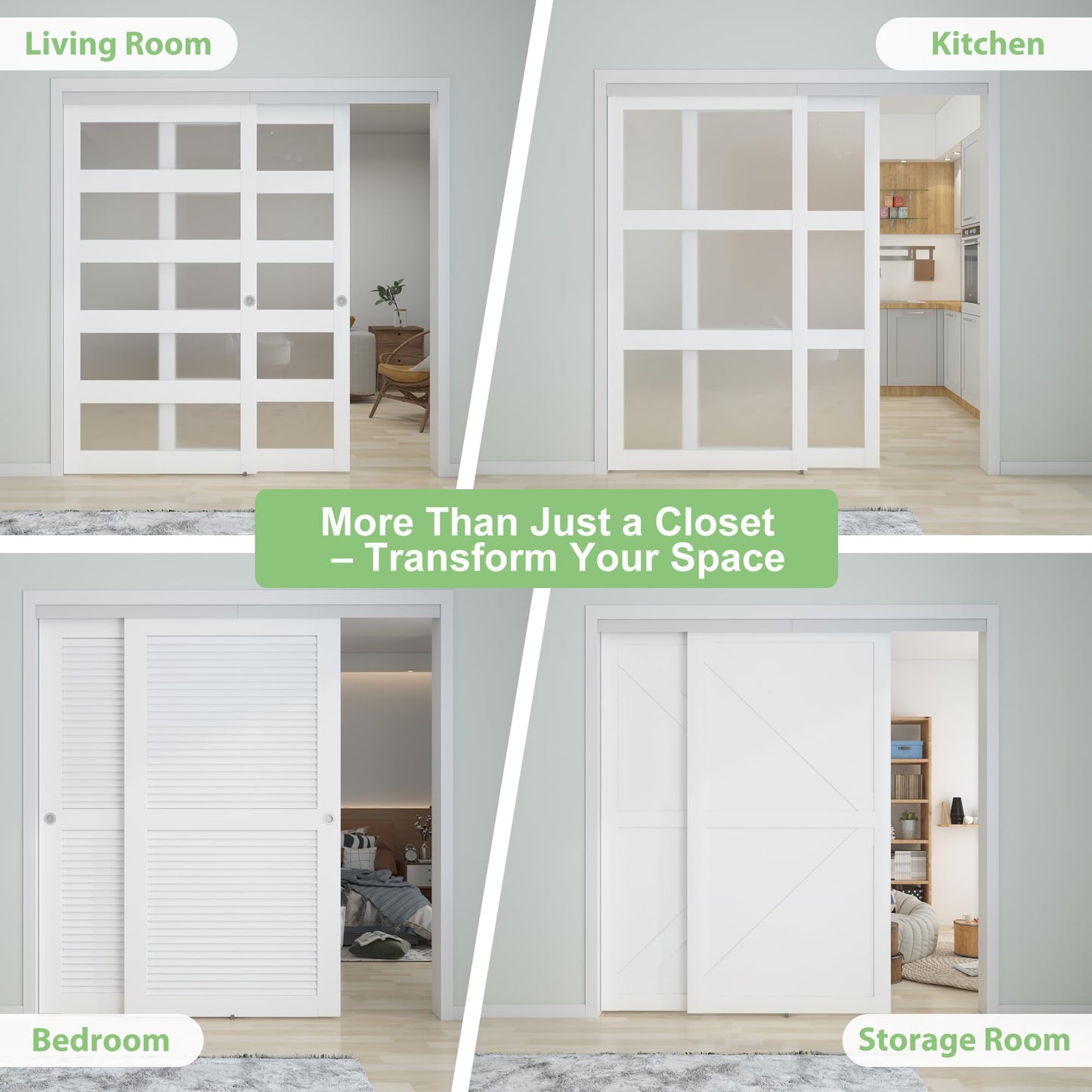 BarnBase 5FT/60(Double 2.5FT) Bypass Door Hardware, Aluminum Double-Closing Sliding Closet Door Hardware with Finger Pull Included, Smoothly and Quietly, Fit Door Thickness 1 3/8" or 1 3/4", Silver