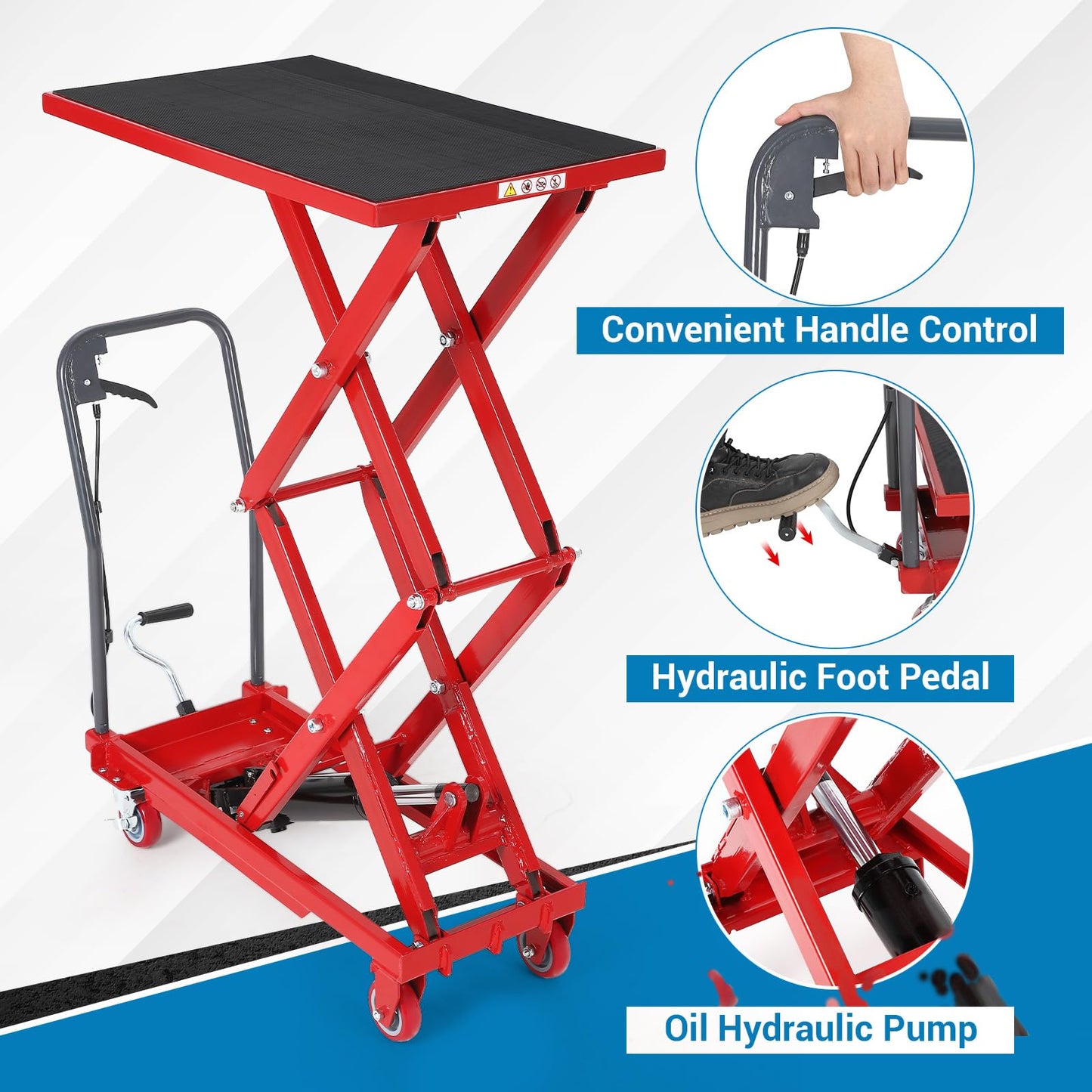 Hydraulic Lift Table Cart, 330lbs Capacity 50" Lifting Height Hydraulic Table Cart, Double Scissor Lift Table with Non-Slip Pad for Material Handling and Transportation, Red