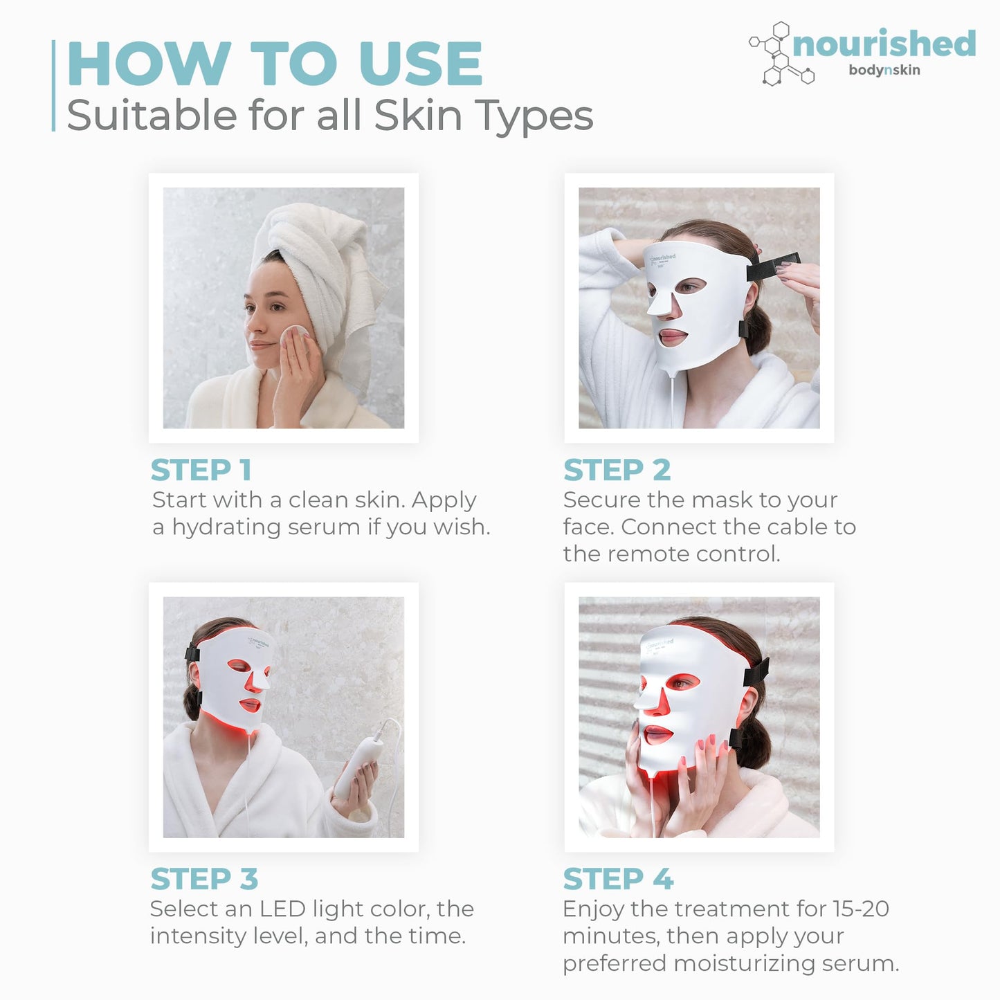 Nourished Bodynskin 7 Colors LED Face Mask with Near-Infrared - Blue, Red Light Therapy for Face - 456 LEDs - Skincare Tool for Wrinkles, Anti-Aging