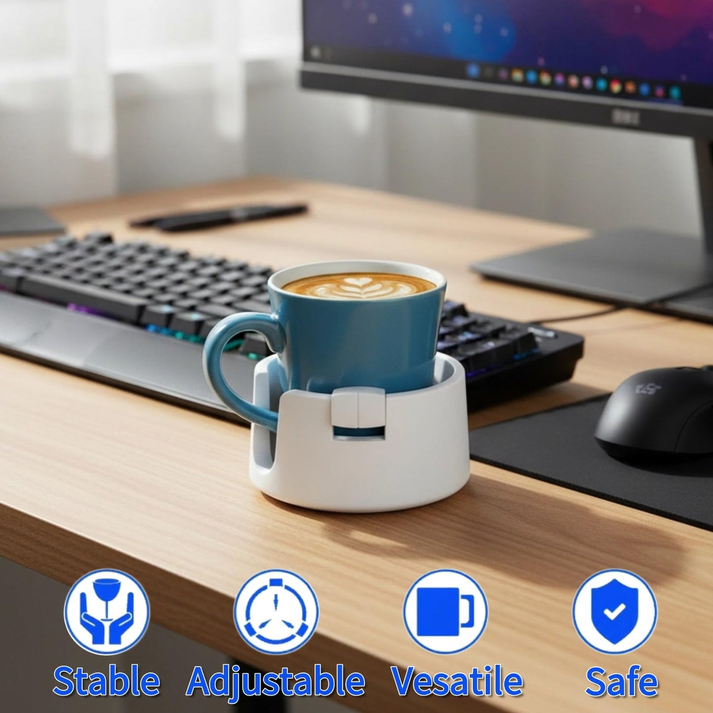 Mezchi 2 Pack Anti Spill Cup Holders, Adhesive Desk Cup Holder, Adjustable Plastic Drink Holder for Desk, Non Tipping Coaster Cup Holder for Office, Home, Desktop, Table (White)