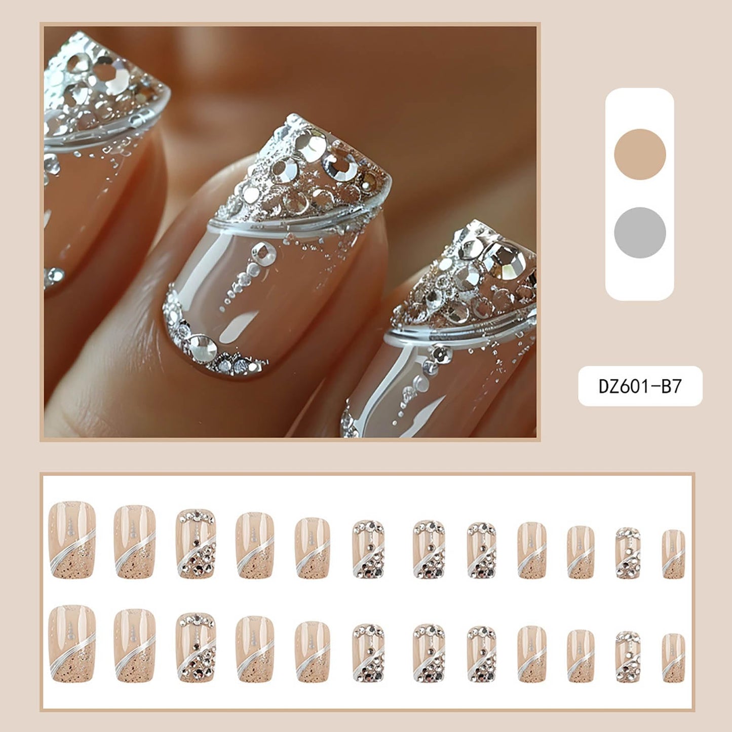 Press on Nails Medium Square Fake Nails Glitter French Acrylic False Nails with Designs Rhinestones Nails Press ons Full Cover Artificial Glue on Nail Natural Stick on Nail for Women 24Pcs
