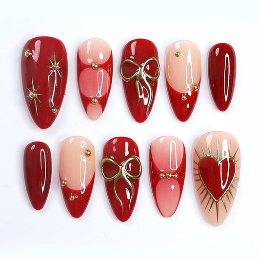 30Pcs Red Press on Nails Medium Almond-Shaped Fake Nails Bow Gold Line Design French Nail Tips Shiny Stars False Nails Cute Stick on Nails Heart Nail Handmade Full Cover Artificial Nail for Women