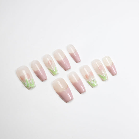 MAOLEETO 3D Squoval Press on Nails, Middle Ladder Fake Nails Tulips False Nails Middle Pink Press on Nails for Women Girls Nail Art Decoration,French Tulip - Middle