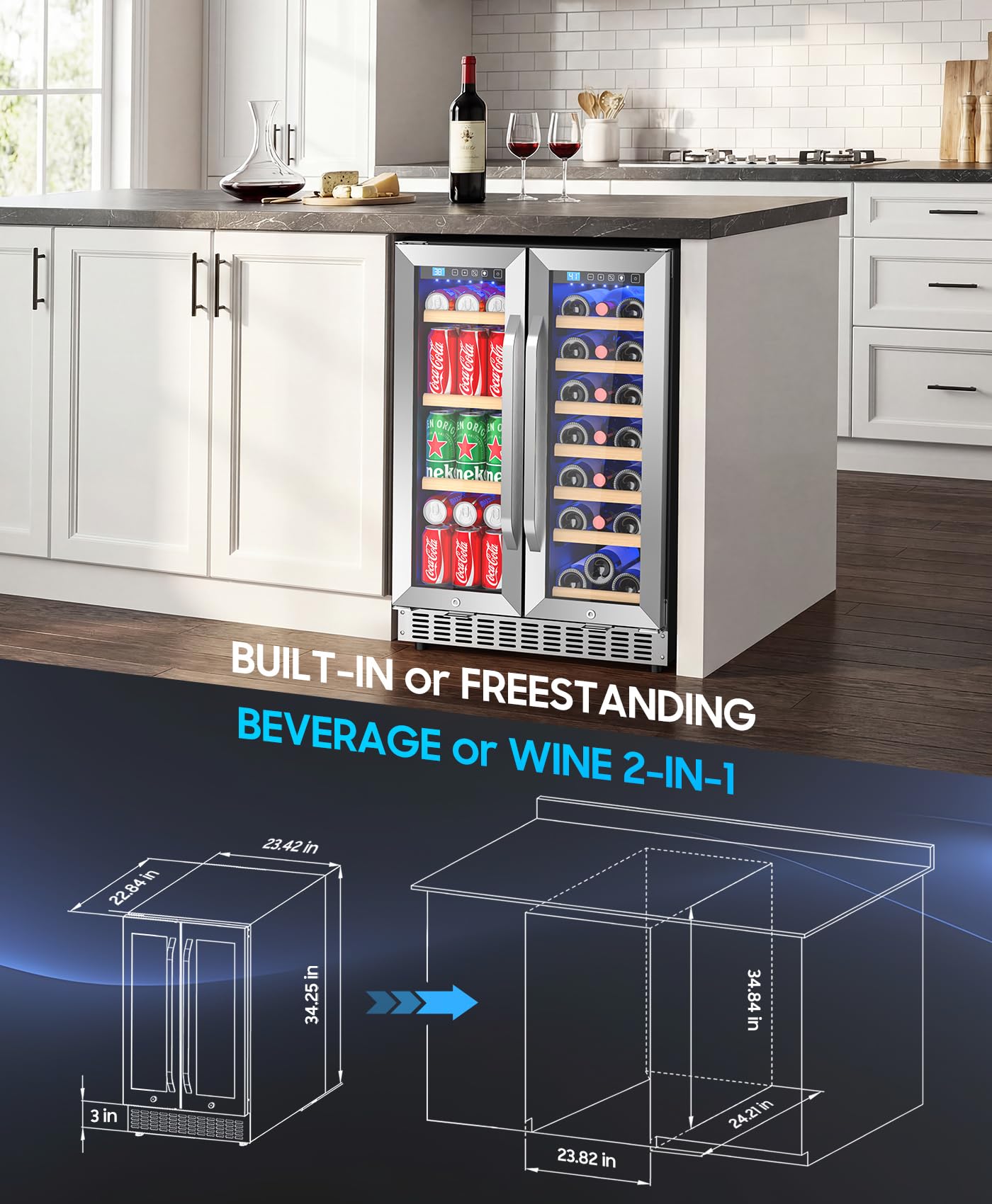 EORICE Wine and Beverage Refrigerator with Glass Door, 24-Inch Dual Zone Wine Fridge Under Counter - 21 Bottle and 60 Can Large Capacity Led Blue Light Smart Fast Cooling Wine Cooler Drink Fridge
