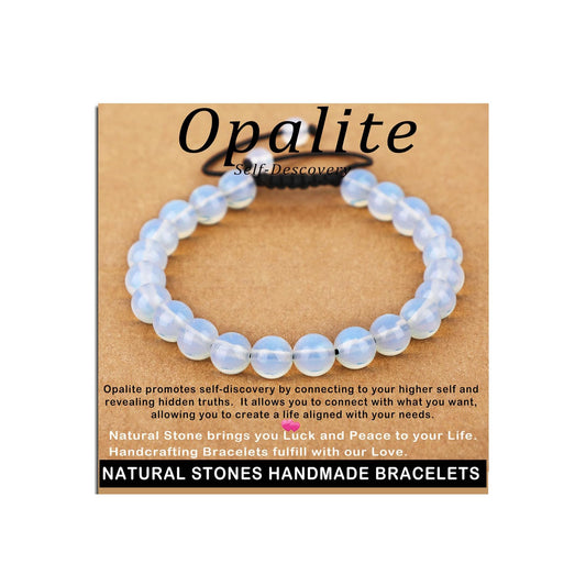 AD Beads 8mm Opalite - Self-Descovery - Handmade Natural Stone Crystal Bracelet with Adjustable Macrame String - Yoga Healing Power Energy Gifts for Men and Women