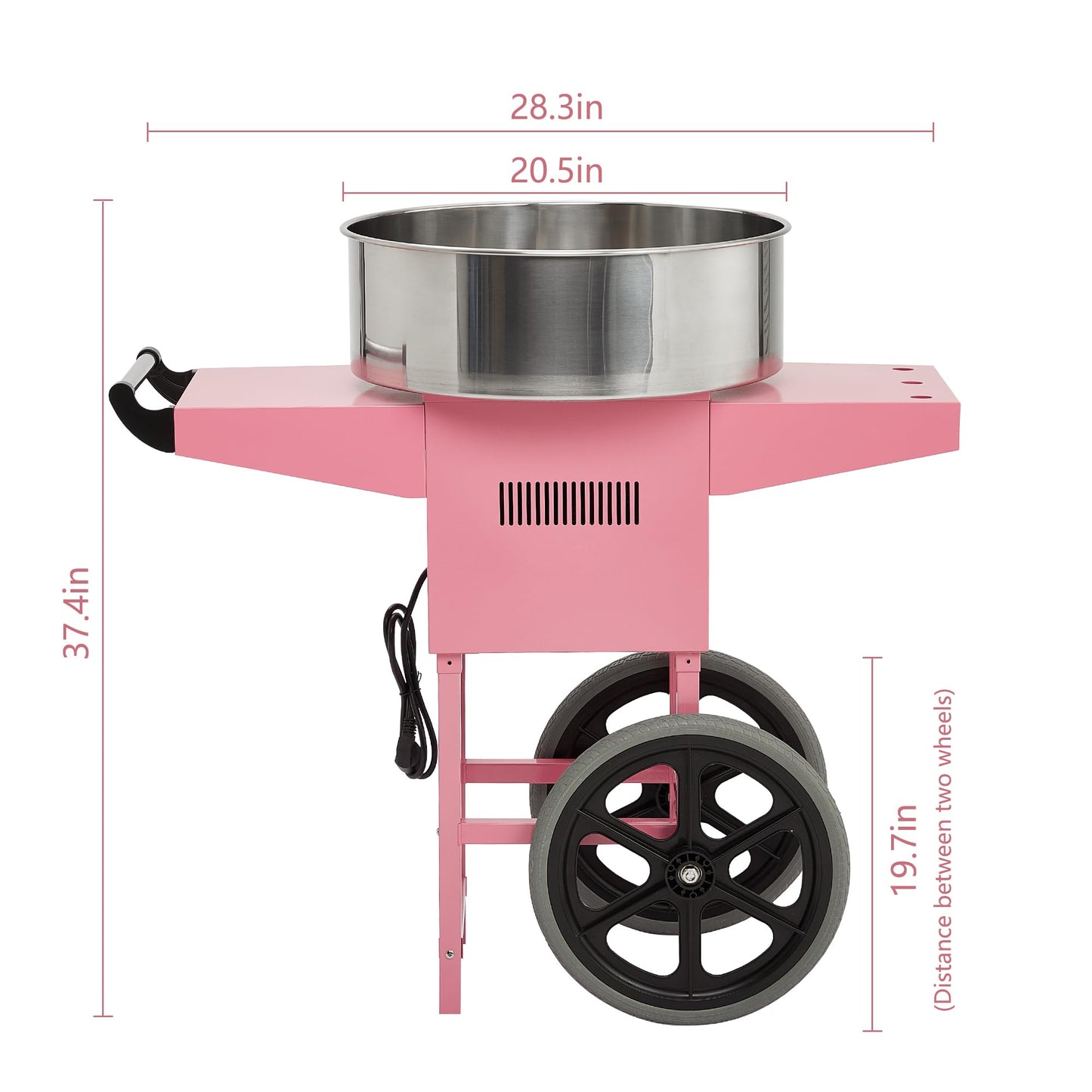 Electric Candy Cotton Machine for Kids with Cart Commercial Candy Cotton Maker with 20 in Stainless Steel Bowl Party Home Festival Pink