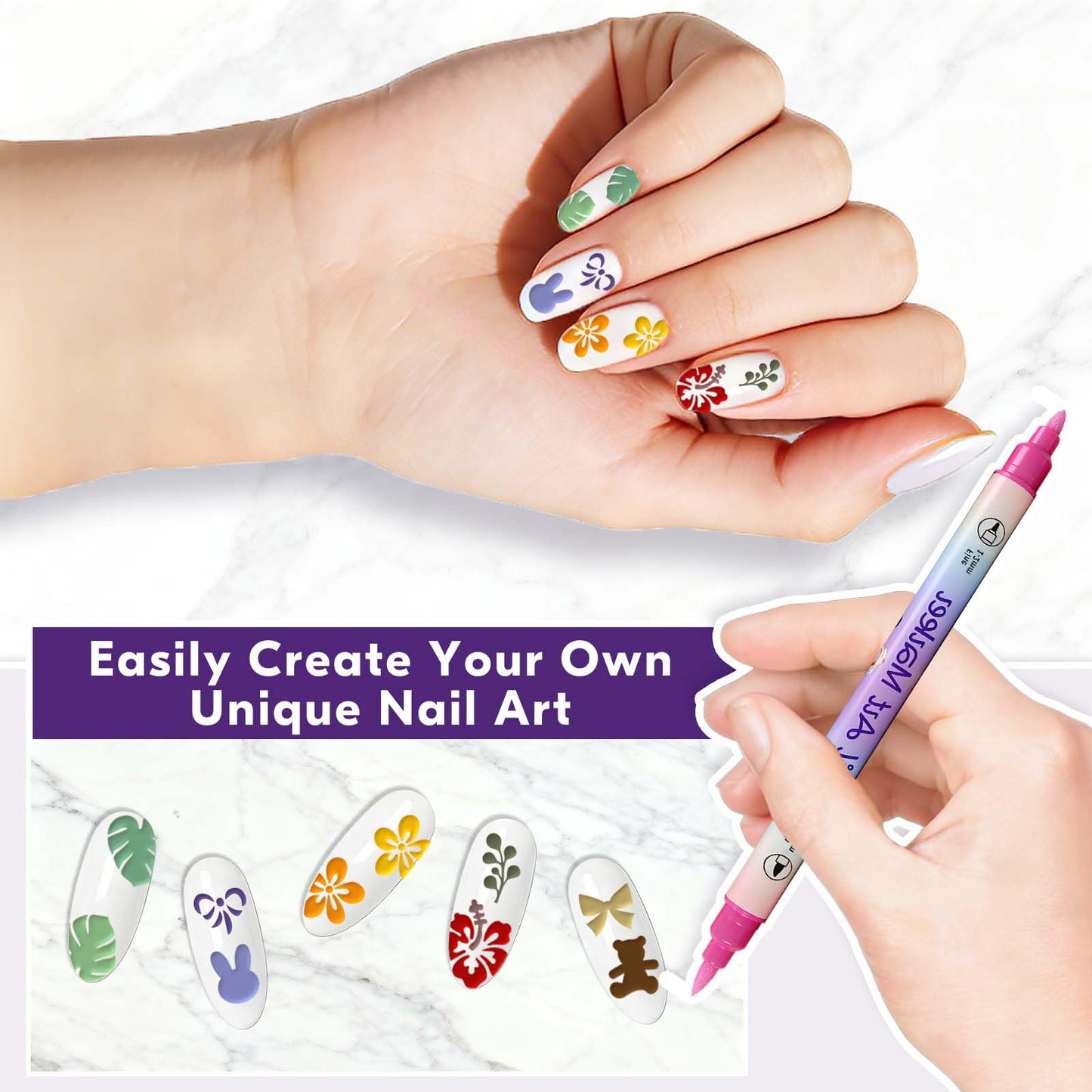 Nail Art Acrylic Marker Pens Stencils Set, 24 Dual Tip Markers + 14 Nail Stencils Heart Lips Flowers Butterfly Nail Stickers for Women Girl, Quick-Dry Nail Art Dotting Pen, DIY Nails Art Design Tools