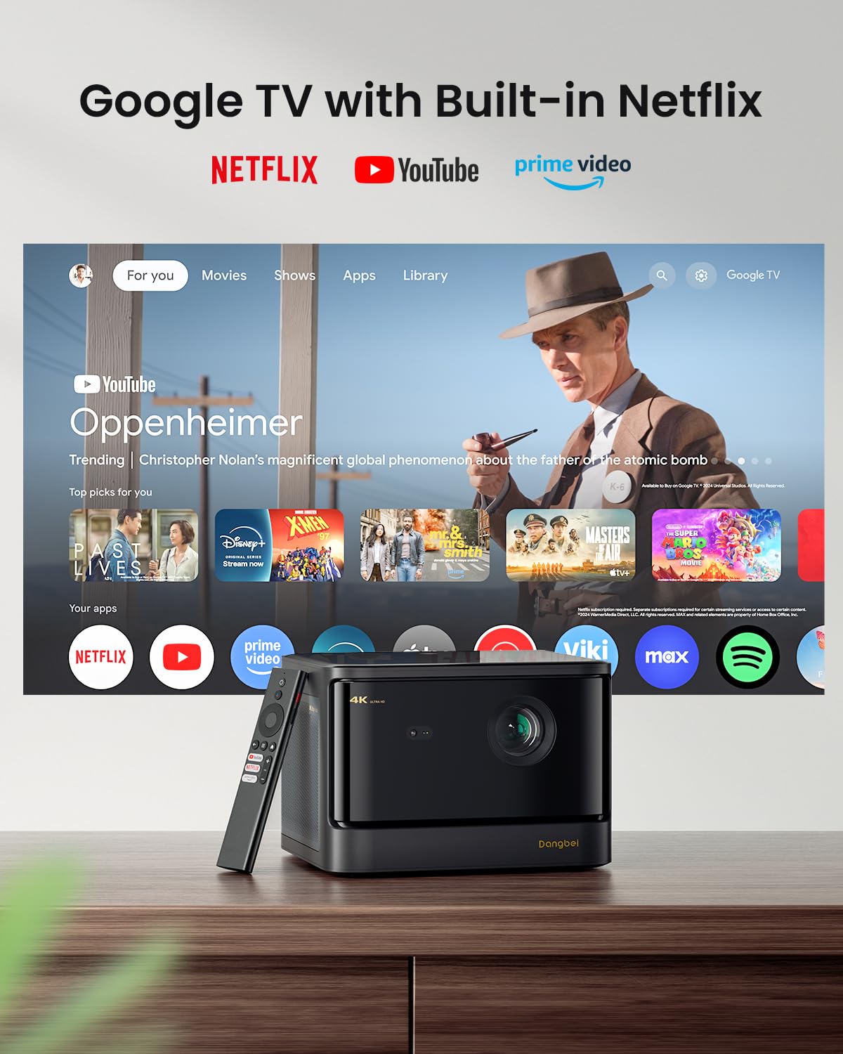 Dangbei DBOX02 Laser Projector 4K GTV, 2450 ISO Lumens, Netflix Officially Licensed, Blu-ray 3D, Home Theater Projector with WiFi and Bluetooth, HDR10+, 200-inch Picture, 2x12W DTS:, Dolby Audio