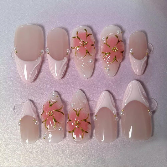 Handmade 10 Pcs Almond Press On Nails，French Pink Gel Fake Nails, Long Lasting Reusable False Nails for Women, Easy Application Salon Manicure Designs (Size S)