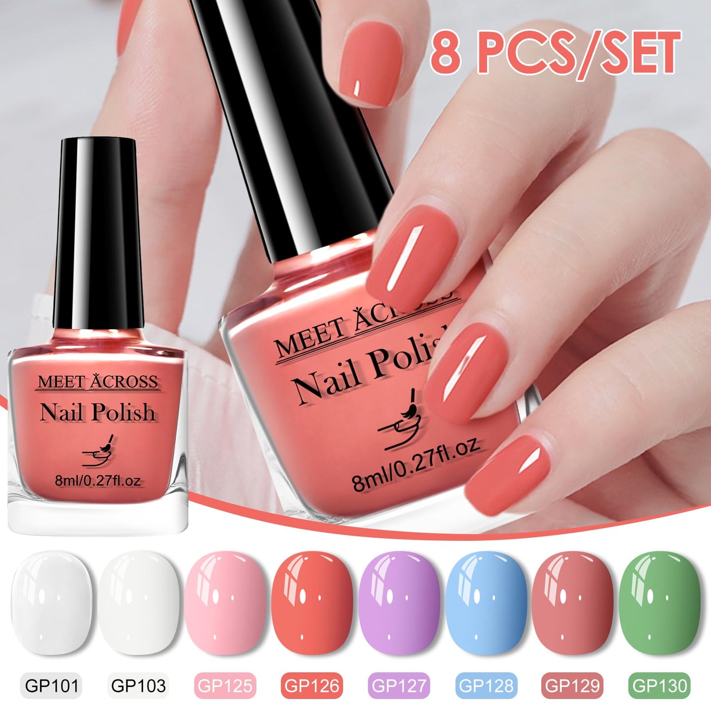 MEET ACROSS 8 Bright Colors Nail Polish Set, Macaron Purple Pink Red Blue White Quick Dry Finger Manicure Kit Sheer Neutral Nude Pink Green DIY Nail Art Home Salon Gifts for Women Girls