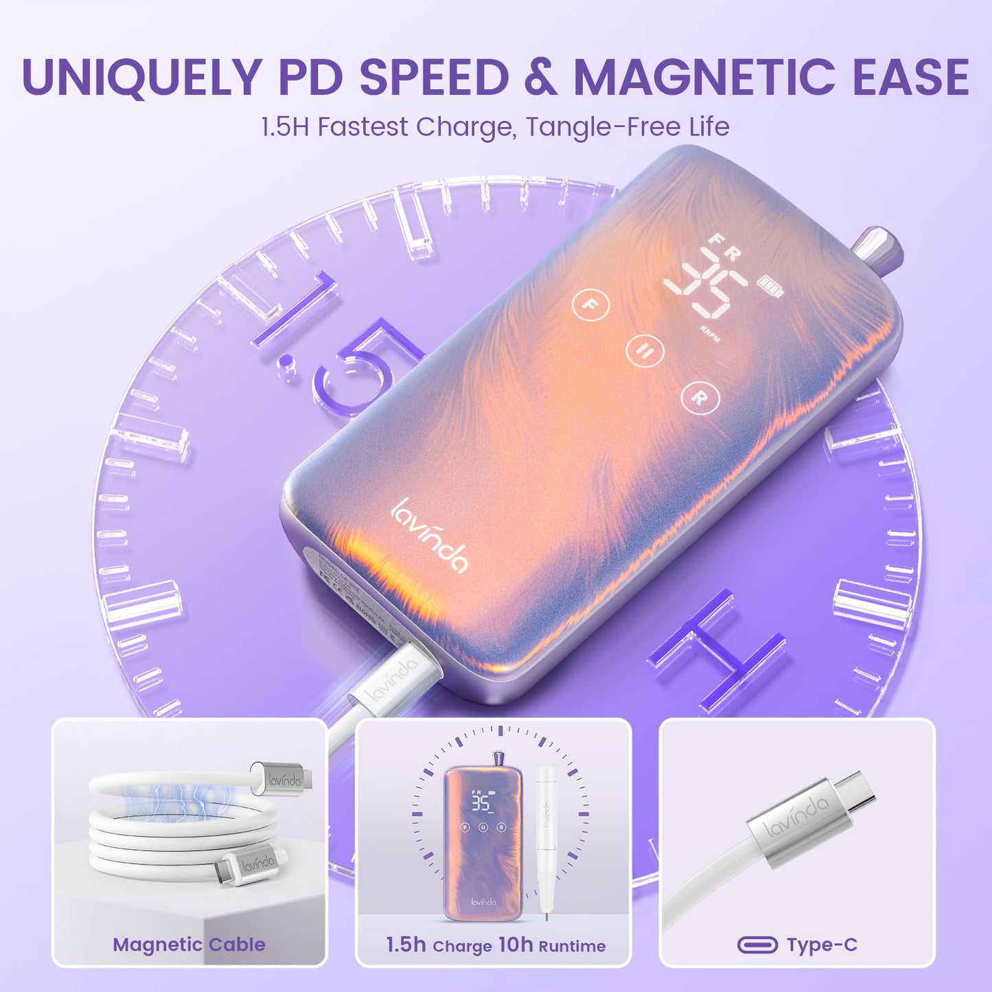 Lavinda Professional Nail Drill – 35,000 RPM Rechargeable Electric File, Iridescent Pearl Finish with Seamless Touch Screen, Cordless, Fast-Charging 3000mAh Battery & 8-Piece Bit Set for Salon