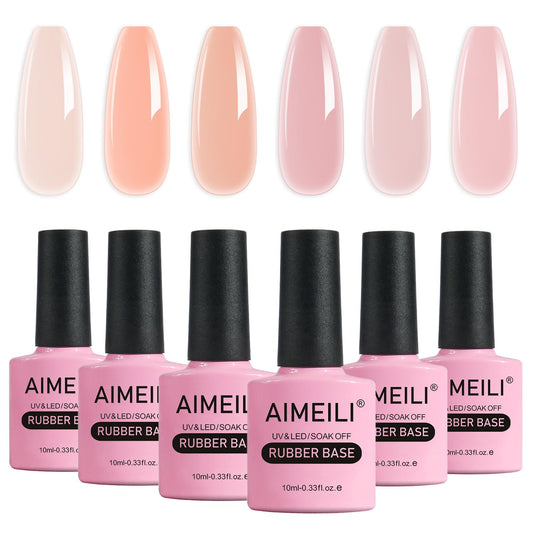 AIMEILI Hema Free Rubber Base Gel For Nails, Soak Off U V LED Clear Sheer Gel Nail Polish, 4 in 1 Nail Strengthen/Enhance/Base Coat/Color Set Of 6pcs X 10ml - Kit 47