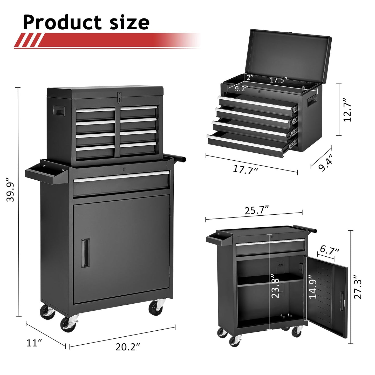 AirWire Tool Chest,5-Drawer Rolling Tool Storage Cabinet with Enhanced Packaging, Detachable Top Tool Box, Metal Tool Cart for Garage Workshop,Black, ATC001BK